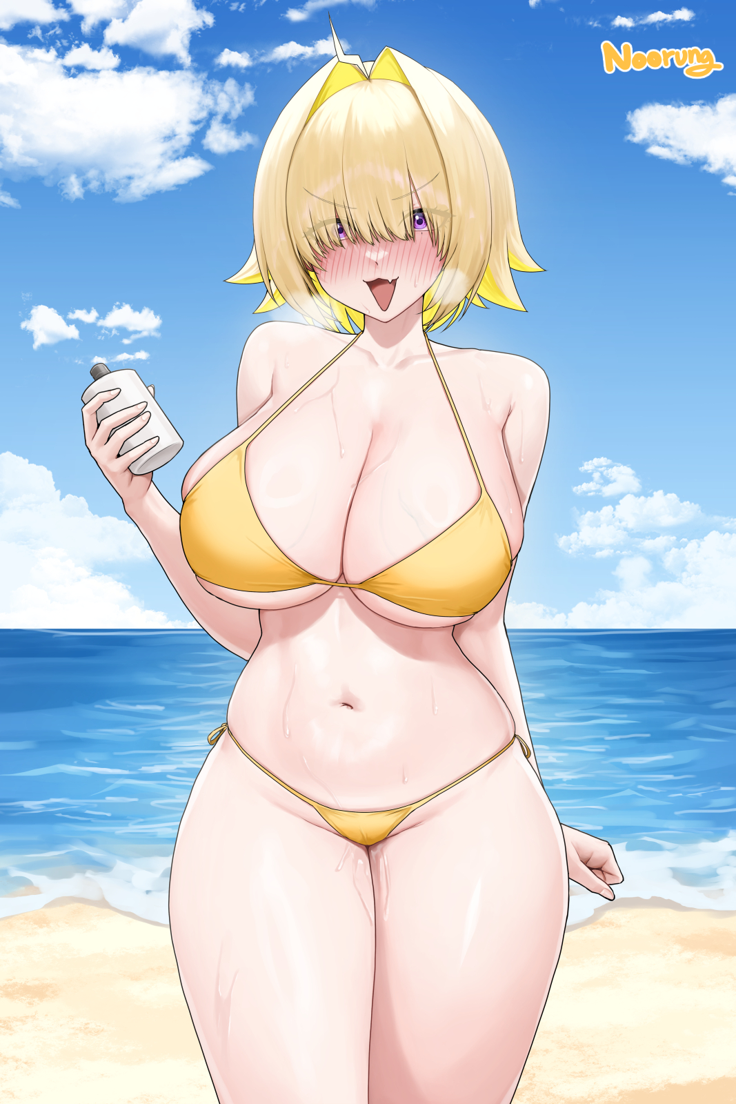 1girls, beach, bikini, blonde hair, blush, breasts, cleavage, elegg (nikke), female, female only, goddess of victory: nikke, hair over eyes, heavy breathing, huge breasts, looking at viewer, noorung, outdoors, purple eyes, short hair, sunscreen, swimsuit