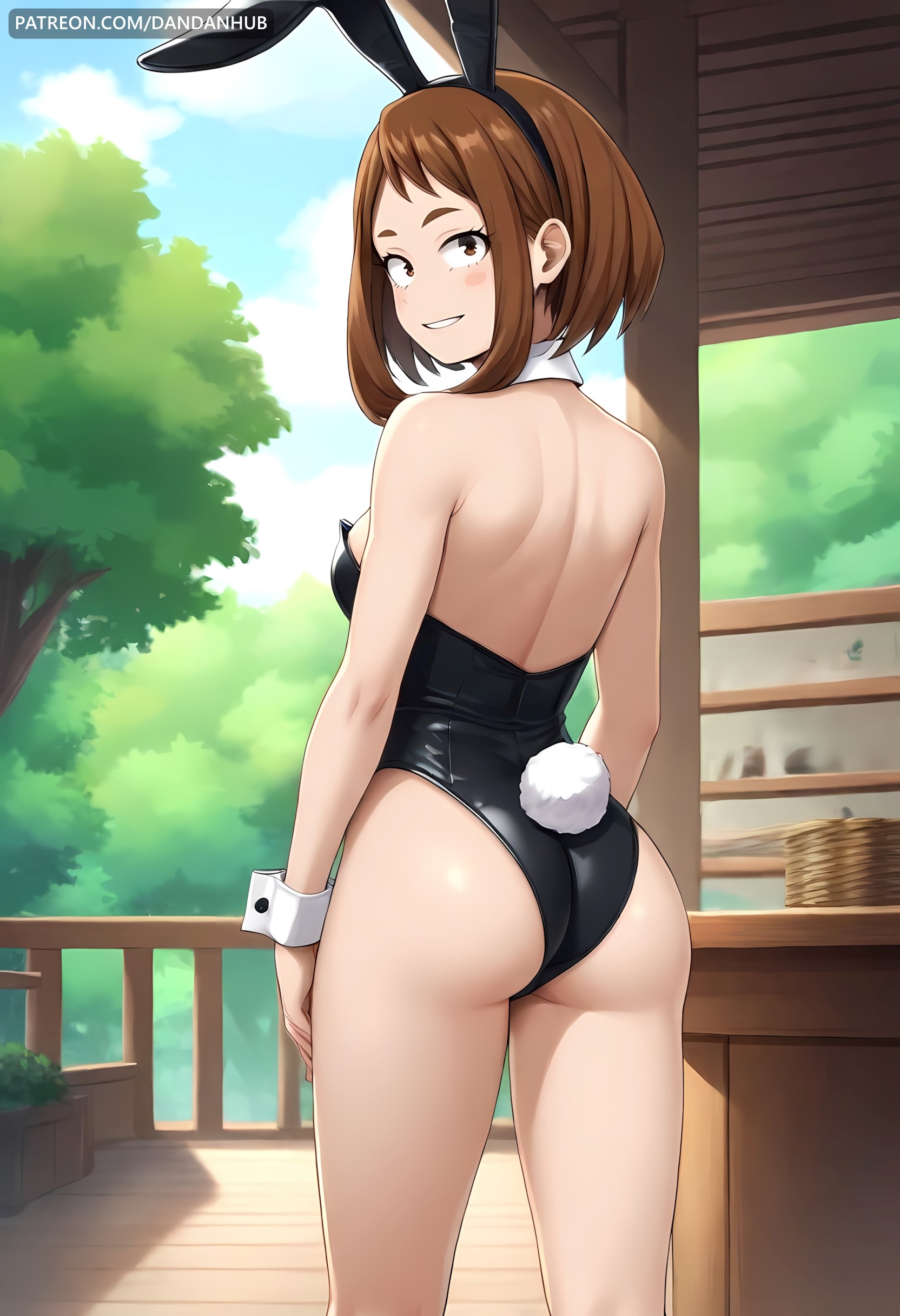 1girls, ai generated, animal ears, ass, back, bare legs, bare shoulders, black leotard, blush, blush stickers, boku no hero academia, breasts, brown eyes, brown hair, brown-haired female, dandanhub, day, detached collar, fake animal ears, fake tail, female, female only, from behind, leotard, looking at viewer, looking back, medium breasts, my hero academia, ochako uraraka, outdoors, patreon username, rabbit ears, rabbit tail, short hair, sidelocks, smile, solo, standing, strapless, strapless leotard, tail, tree, uraraka ochako, watermark, wrist cuffs
