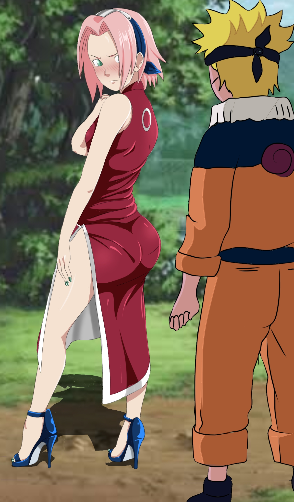 1boy, 1girls, ass, ass focus, blush, boots, bubble ass, bubble butt, caught staring, danieledevane, dress, faceless male, fat ass, female, female focus, green eyes, high heels, light skin, light-skinned female, looking at ass, looking at partner, male, male with female, male/female, nail polish, naruto, naruto (classic), naruto (series), offering, offering to another, open toe shoes, pale skin, pale-skinned female, petite, petite body, pink hair, presenting, presenting ass, presenting hindquarters, round ass, sakura haruno, shiny, shiny hair, shiny skin, shoulder length hair, staring, staring at ass, toenail polish, uzumaki naruto, yellow hair, young, younger female, younger male