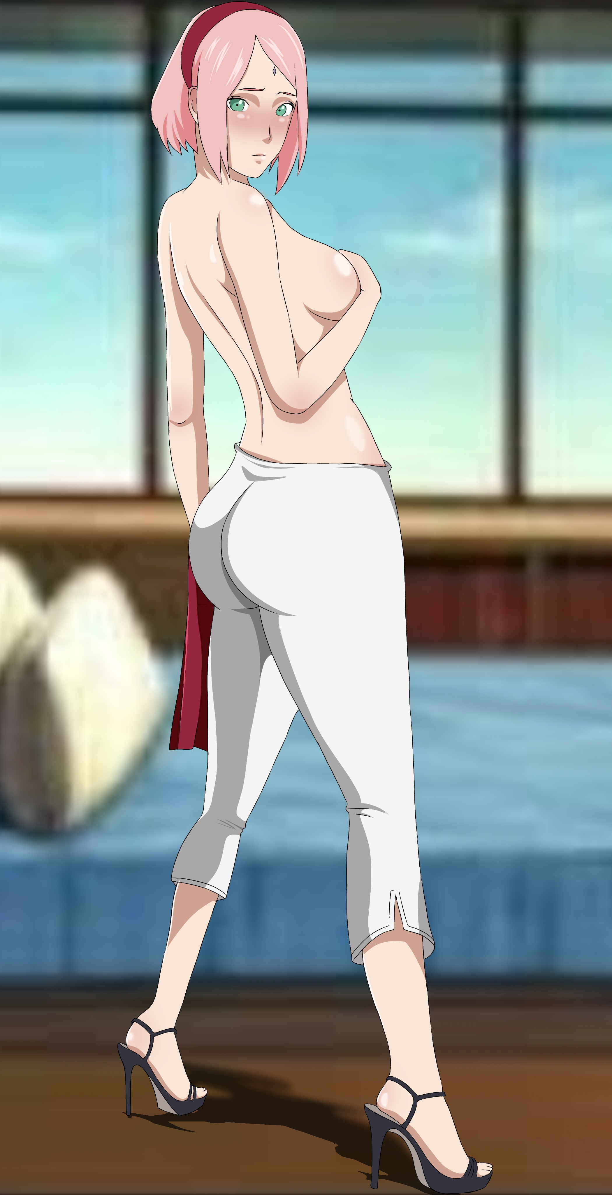 1girls, almost naked, ass, ass focus, bedroom, blush, boots, boruto: naruto next generations, bottomwear, breasts, bubble ass, bubble butt, clothing, covering, covering breasts, covering nipples, danieledevane, fat ass, female, female focus, female only, green eyes, half-dressed, heels, high heels, holding clothing, holding object, indoors, light skin, light-skinned female, mature, mature female, medium breasts, milf, mostly nude, naruto, naruto (series), no bra, open toe shoes, pale skin, pale-skinned female, pants, partially clothed, petite, petite body, pink hair, presenting, presenting ass, round ass, sakura haruno, shiny, shiny hair, shiny skin, shoulder length hair, side view, solo, solo focus, tight pants, topless, white pants