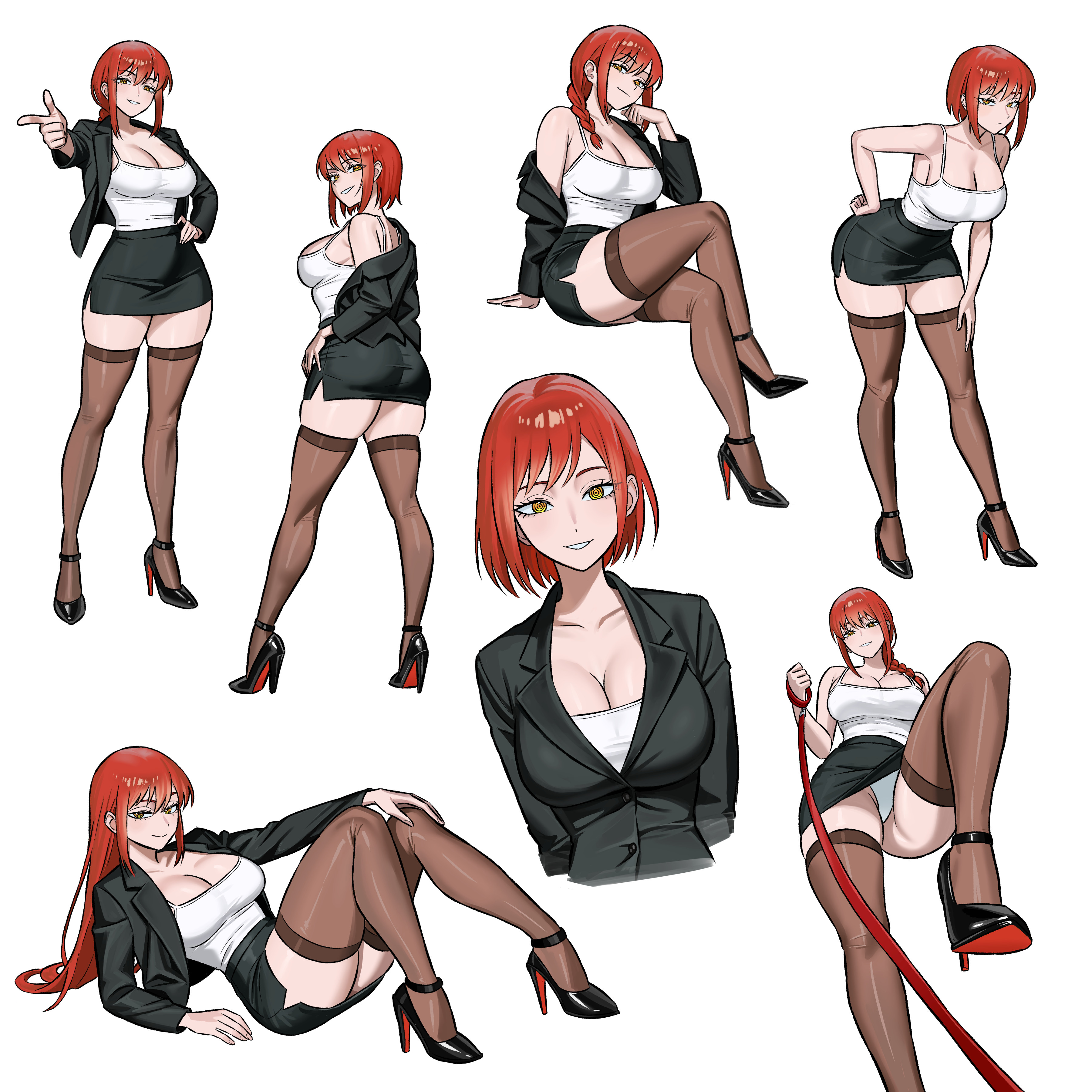 1girls, absurdres, alternate costume, armpits, big boobs, big breasts, big tits, black skirt, blazer, boobs, breasts, chainsaw man, cleavage, collarbone, crop top, crossed legs, female, female only, femdom, formal clothes, high heels, highres, hourglass figure, huge boobs, huge breast, huge tits, jacket, large boobs, large breasts, large tits, leash, legwear, makima (chainsaw man), massive boobs, massive breasts, massive tits, office lady, panties, pantyshot, pencil skirt, red eyebrows, red hair, red-haired female, ringed eyes, simple background, skirt, standing, standing on one leg, thick thighs, thighhighs, thighs, tight clothing, tits, underwear, upskirt, white background, white panties, yellow eyes, zeon (zzeeonn)