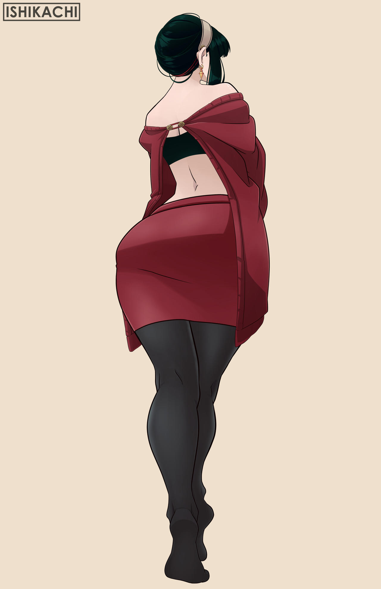 1girls, ass, big ass, black hair, curvy figure, earrings, exposed shoulders, facing away, female, ishikachi artist, mature female, milf, spy x family, thick thighs, yor briar