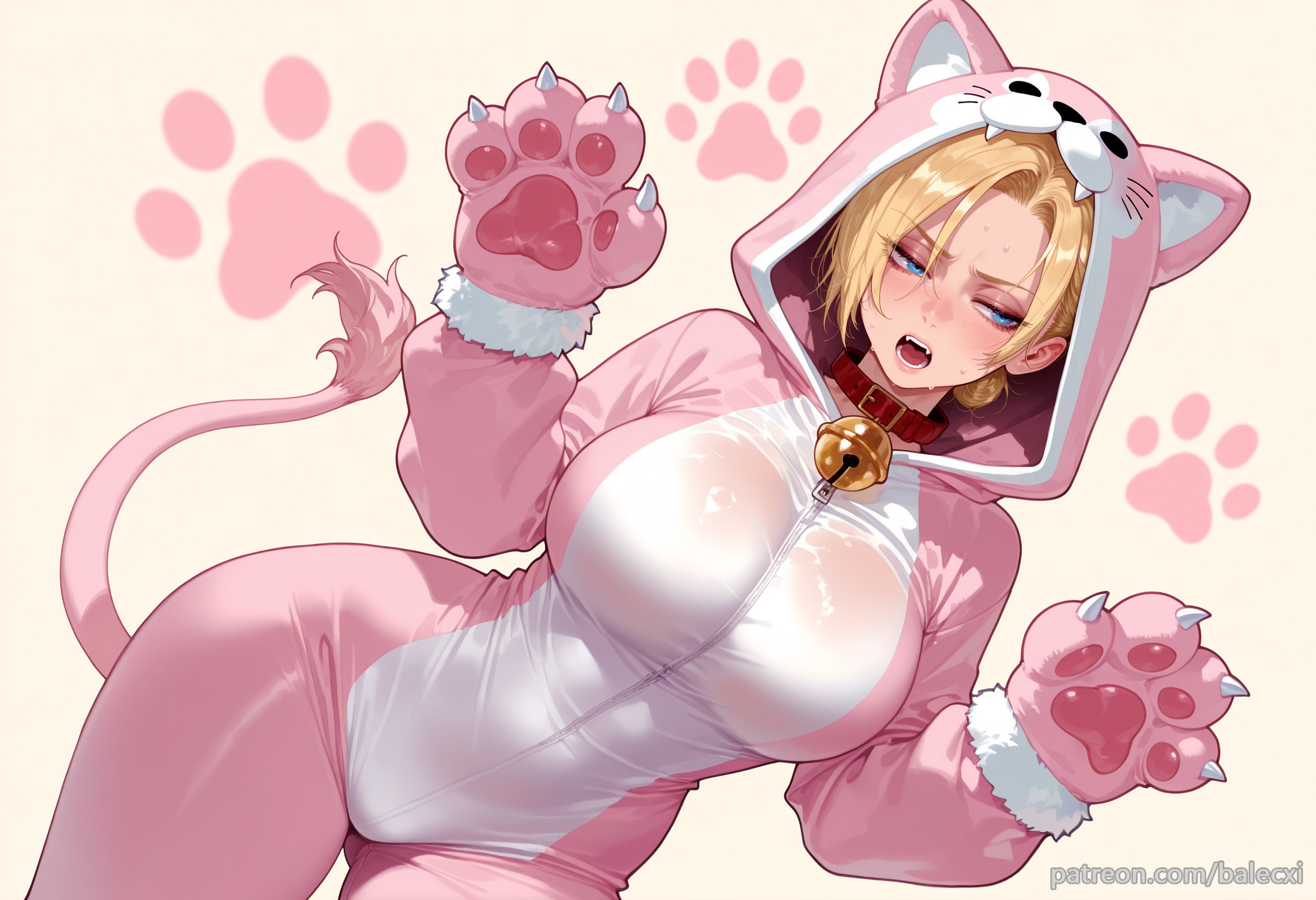 ai generated, animal costume, animal ears, animal hands, animal hood, annie leonhardt, attack on titan, balecxi, blonde hair, blue eyes, blush, breasts, cat costume, cat hood, cat tail, collar, female, gloves, jingle bell, large breasts, neck bell, onesie, open mouth, paw gloves, paw print, shingeki no kyojin, solo