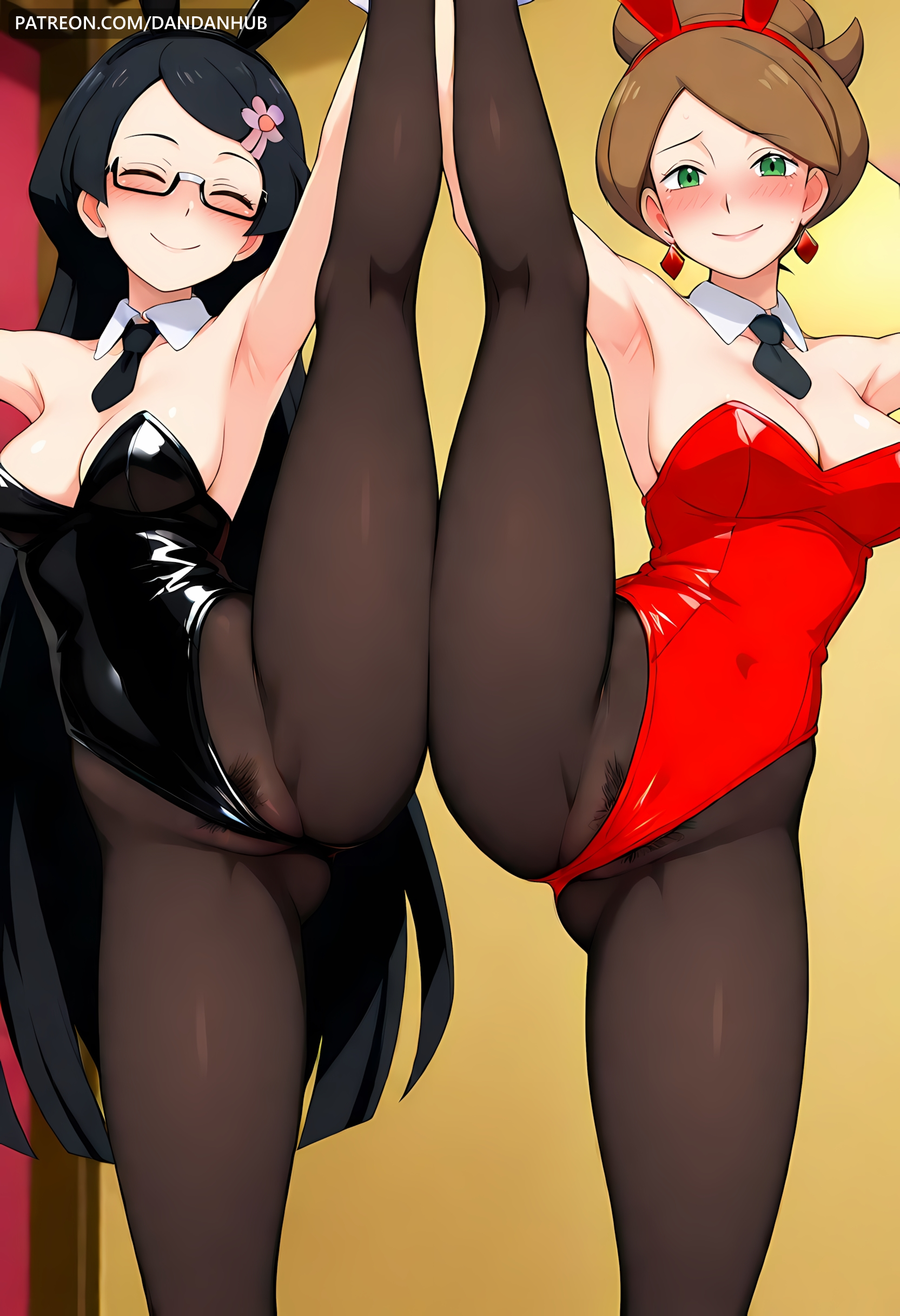 2girls, ai generated, animal ears, araragi (pokemon), armpits, aurea juniper, bangs, black hair, black leotard, black necktie, blush, breasts, brown hair, bunny ears, bunnysuit, cleavage, closed eyes, covered navel, dandanhub, detached collar, earrings, fake animal ears, female, female only, female pubic hair, fennel (pokemon), glasses, green eyes, hair flower, hair ornament, jewelry, leg up, leotard, long hair, looking at viewer, medium breasts, multiple females, multiple girls, necktie, pantyhose, pokemon, professor aurea juniper, professor juniper, pubic hair, pubic hair peek, rabbit ears, red leotard, semi-rimless eyewear, short hair, smile, split, standing, standing on one leg, standing split, strapless, strapless leotard, under-rim eyewear