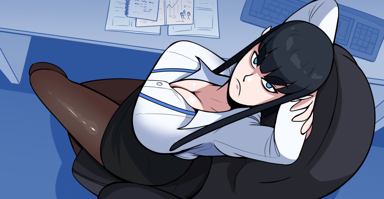 1girls, big breasts, breasts, cleavage, clothed, crossed legs, female, from above, frown, hands behind head, hellonearthiii, kill la kill, kiryuuin satsuki, lanyard, large breasts, looking at viewer, looking up, office, office lady, pantyhose, sitting, skirt, solo, thick eyebrows, variant set, white shirt