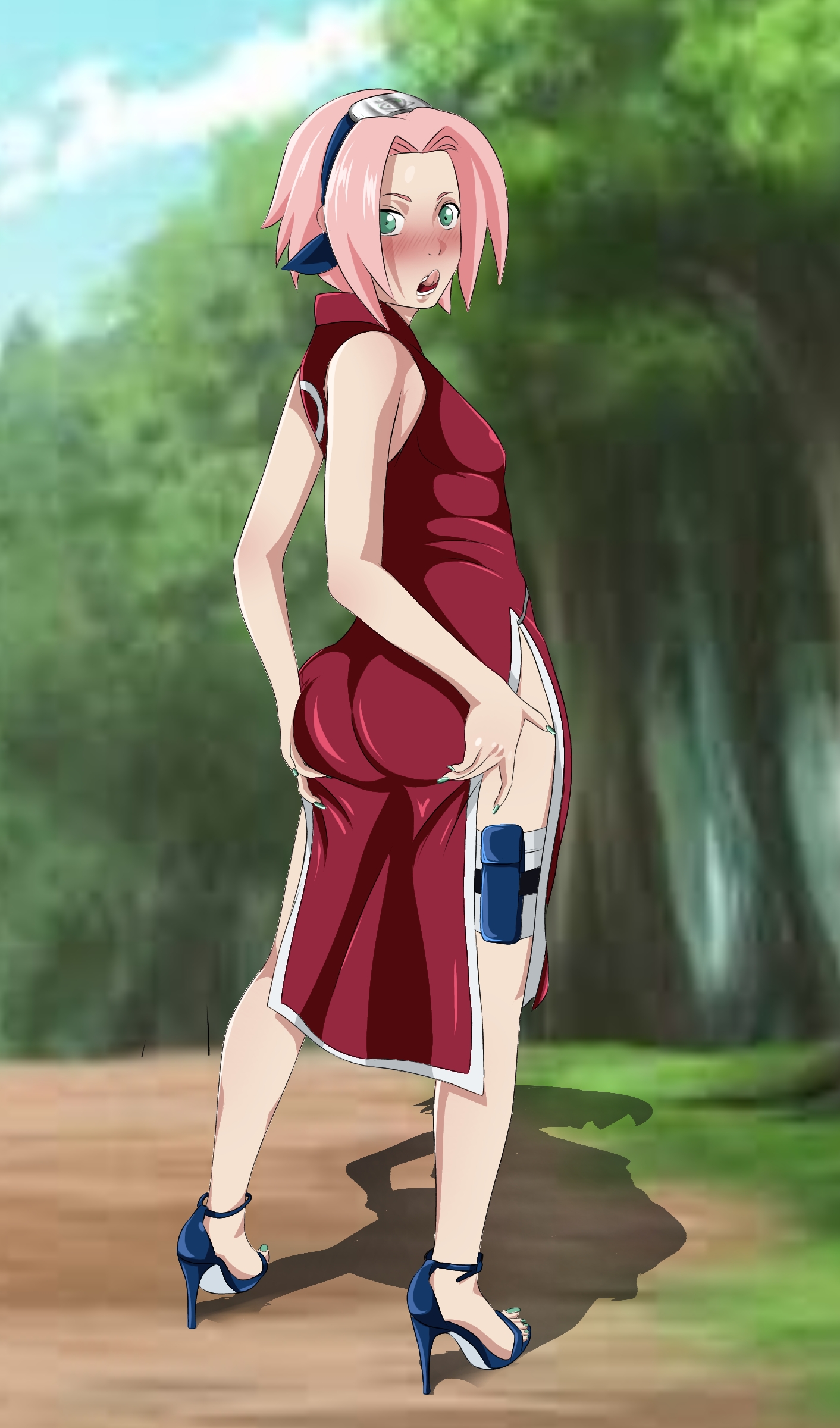 1girls, ass, ass focus, back view, bare legs, blush, breasts, bubble ass, bubble butt, danieledevane, dress, dress inside ass, fat ass, female, female focus, female only, footwear, from behind, green eyes, heels, high heels, licking, licking lips, light skin, light-skinned female, nail polish, naruto, naruto (classic), naruto (series), open mouth, open toe shoes, pale skin, pale-skinned female, petite, petite body, pink hair, presenting, presenting ass, rear view, round ass, sakura haruno, shiny, shiny hair, shiny skin, shoes, shoulder length hair, small breasts, solo, solo female, solo focus, toenail polish, tongue, tongue out, young, younger female