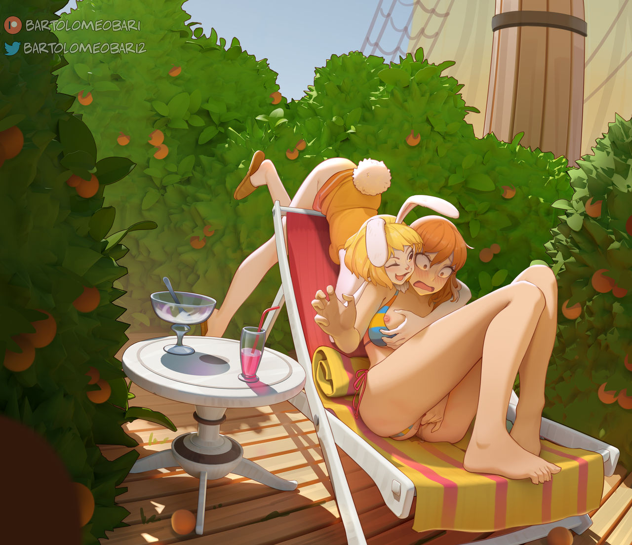 2girls bartolomeobari big_breasts blonde_hair bunny_ears carrot_(one_piece) female fingering_pussy grabbing_breasts kemonomimi long_hair masturbation nami_(one_piece) one_piece orange_hair surprised tail yuri