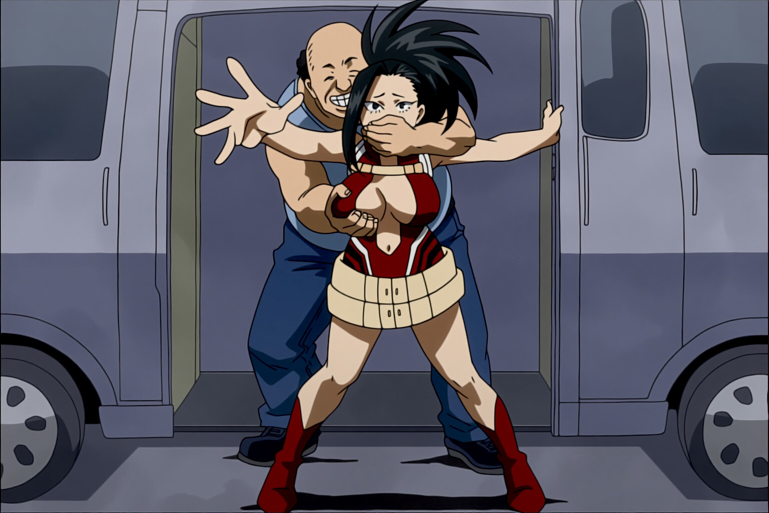 1boy, 1girls, ai generated, aibooby, big breasts, black eyes, black hair, boku no hero academia, breast grab, breasts, covered mouth, female, groping, groping breasts, hero outfit (mha), heroine, imminent rape, imminent sex, leotard, male, momo yaoyorozu, my hero academia, ponytail, ugly bastard
