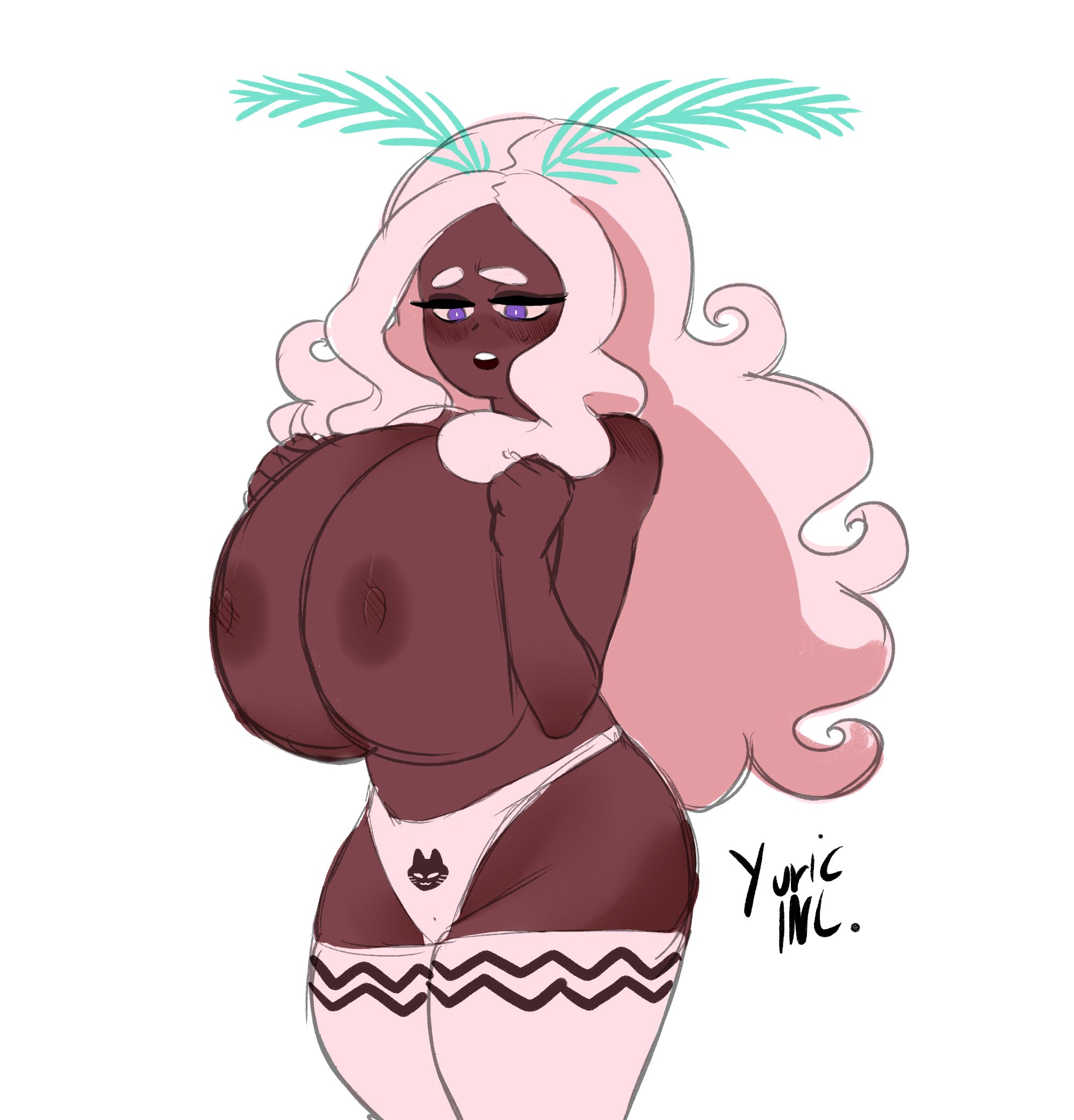 aminya (yuric inc), big breasts, black body, breasts, breasts bigger than head, curvaceous, curvy, dark skin, dark-skinned female, female, fluffy hair, hourglass figure, huge breasts, hyper breasts, large breasts, long hair, lucaslife (yuric inc), massive breasts, moth girl, no bra, official art, panties, partially clothed, pink hair, purple eyes, pushing breasts together, shortstack, solo, tagme, thick thighs, thighhighs, top heavy, topless, twitter username, wide hips, yuric inc