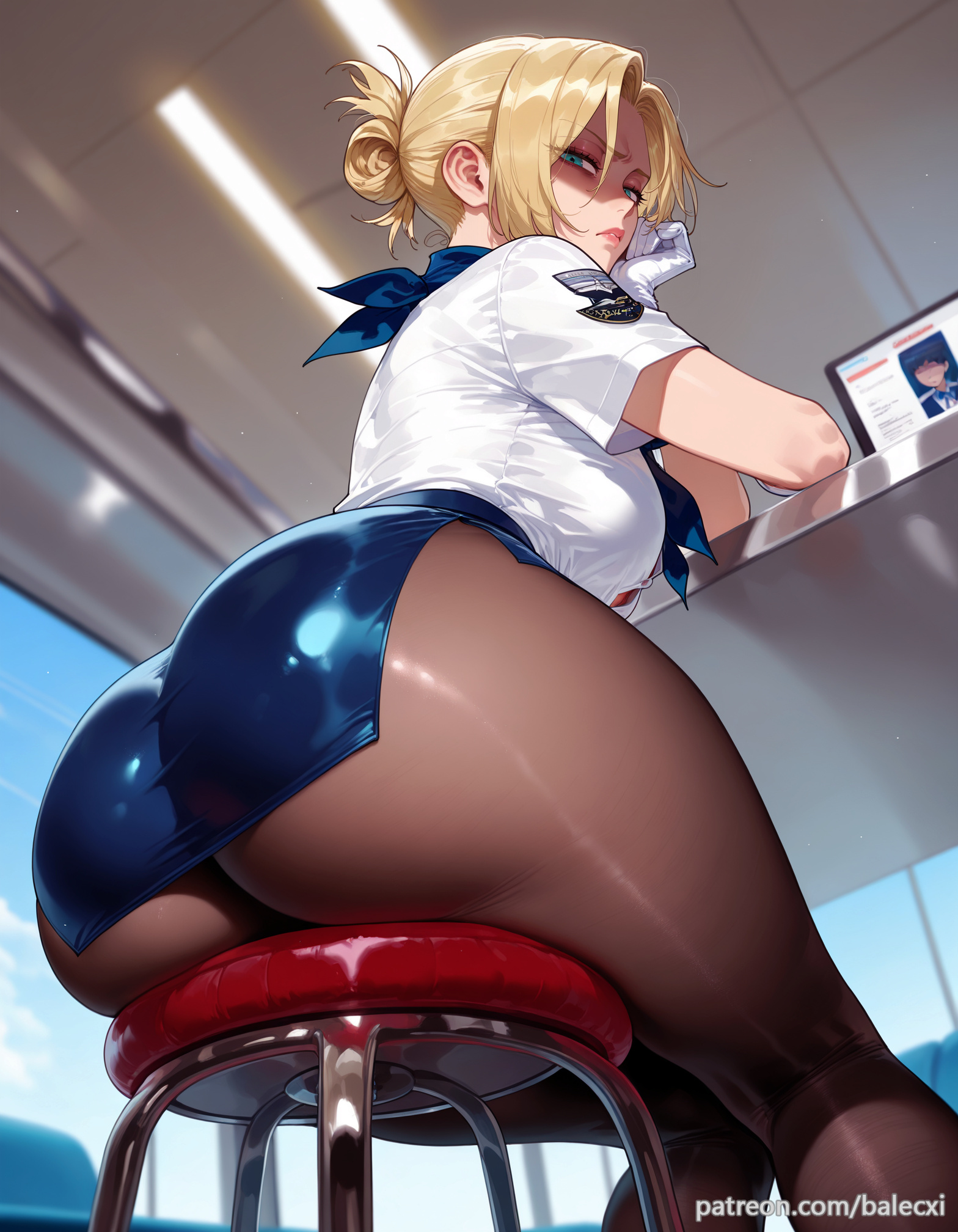 ai generated, annie leonhardt, ass, attack on titan, balecxi, blonde hair, blue eyes, blue skirt, breasts, female, folded ponytail, from behind, indoors, large breasts, looking at viewer, looking back, pantyhose, patreon username, pencil skirt, shaded face, shingeki no kyojin, short sleeves, sitting, solo, stool, thighs, white gloves, white shirt