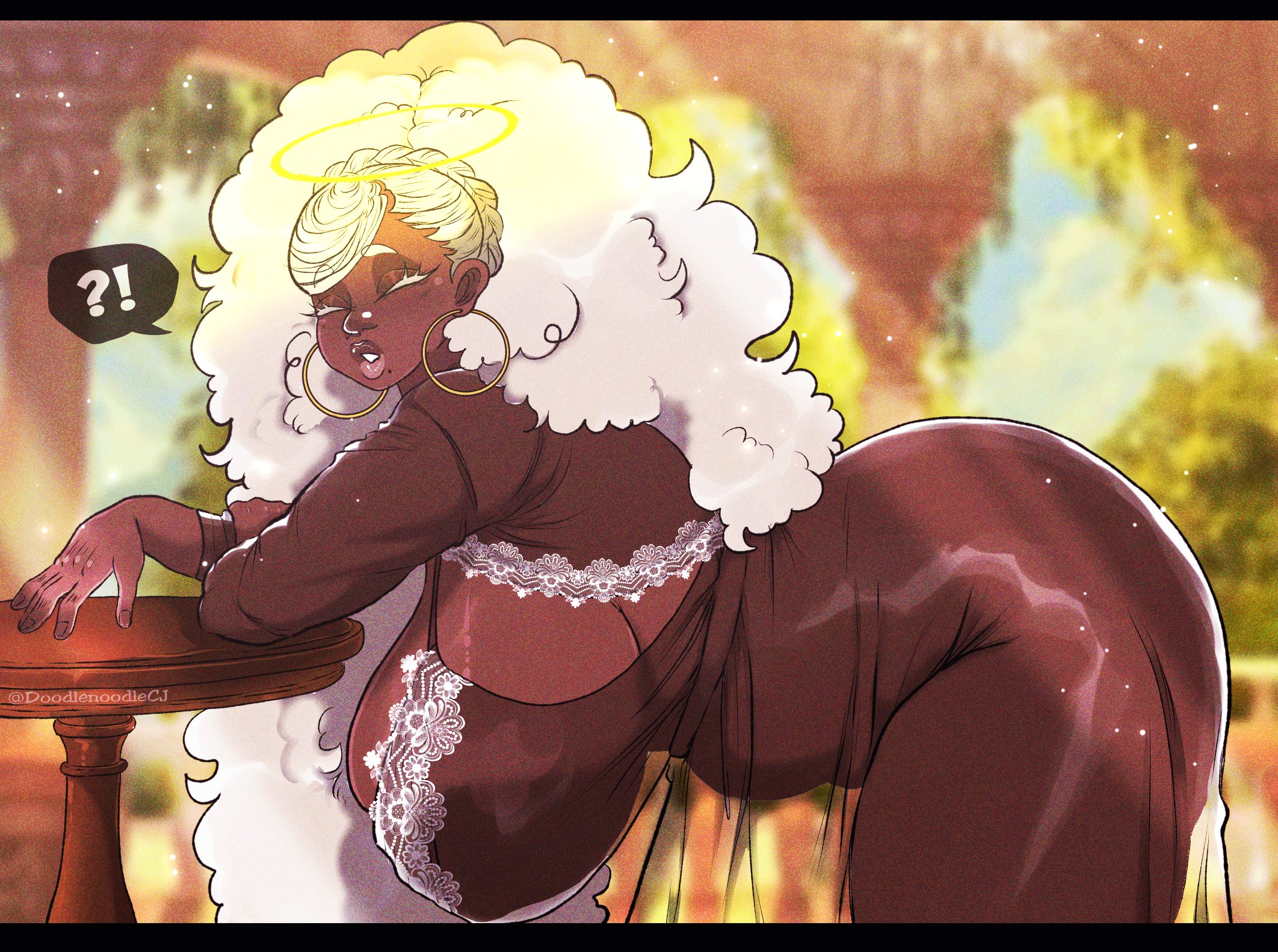 ?!, 1girls, ass, breasts, cute, dark skin, dark-skinned female, doodlenoodlecj, earring, extremely long hair, female, halo, huge ass, huge breasts, hyper hair, long hair, milf, mole, solo female, tagme, white hair