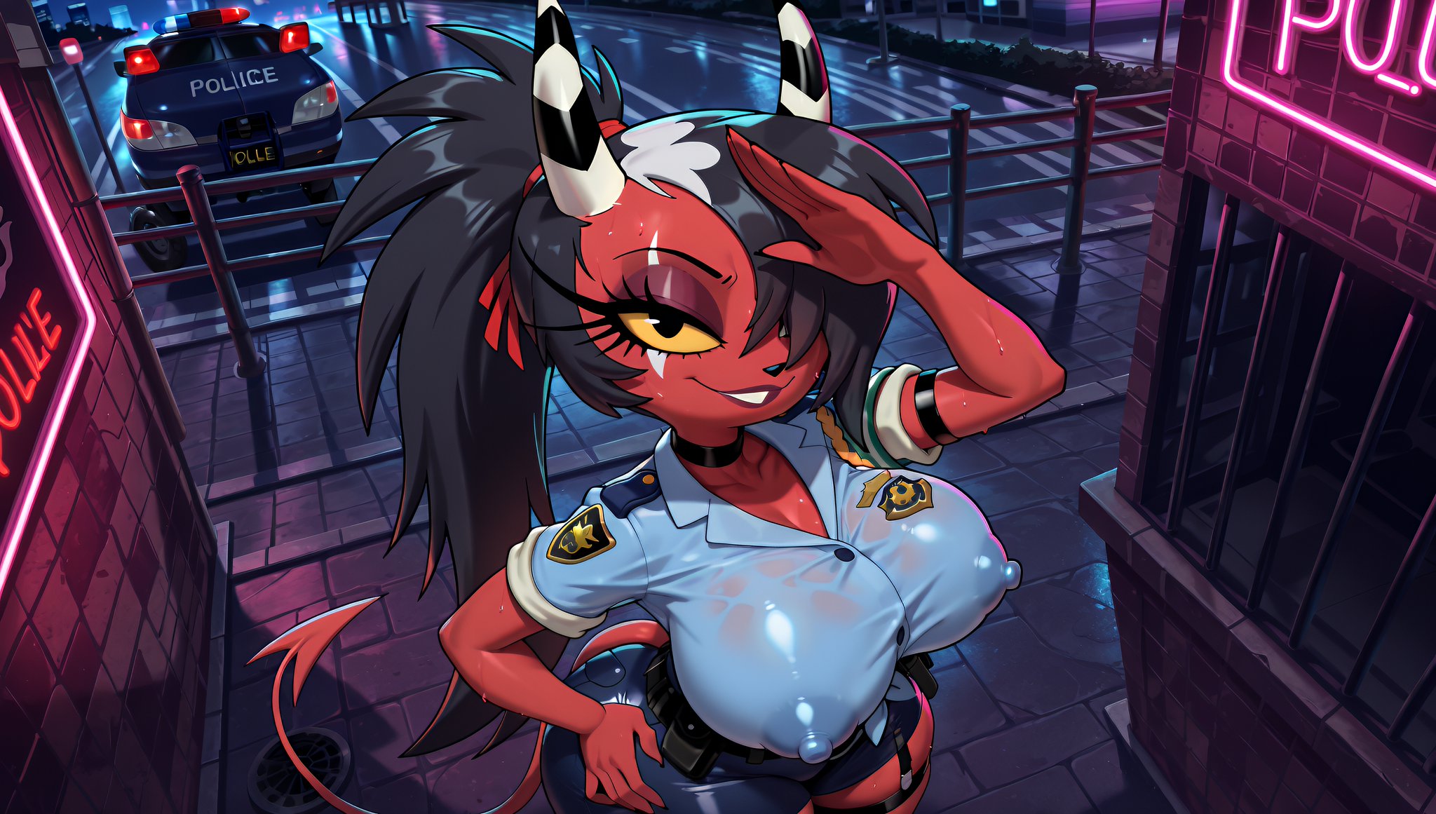 1girls, 2025, 2025s, above view, ai assisted, ai generated, anthro, anthro female, anthrofied, areola, areolae, armpit hair, badge, bedroom eyes, belly button, big breasts, big thighs, black eyes, black hair, black pupils, blue skirt, breasts, choker, clothing, erect nipples, eyebrows, eyelashes, female, female focus, female only, fully clothed, hair over one eye, half-closed eyes, handwear, helluva boss, hi res, high quality, high resolution, highres, horn, horns, huge breasts, huge thighs, humanoid, illustrious (stable diffusion), imp, large breasts, leg belt, looking at viewer, mammal, massive breasts, narrowed eyes, navel, neon lights, night, nighttime, nipples, one eye covered, one eye obstructed, outdoors, outside, police, police car, police girl, police hat, police uniform, policewoman, pony diffusion (model), pony diffusion xl, pupils, red body, red skin, red tail, sallie may (helluva boss), salute, skirt, smile, smiling, smiling at viewer, solo, solo female, solo focus, stable diffusion, standing, street, sweat, sweatdrop, synthneon, tail, thick thighs, thighs, wide hips, yellow sclera