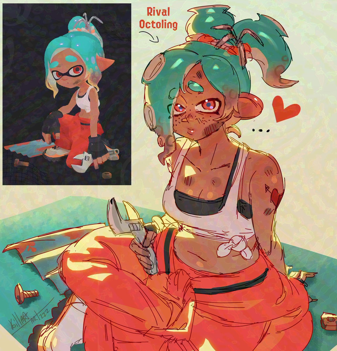 1girls aqua_hair artist_name breasts cleavage female freckles freckles_on_face killartxxx large_breasts looking_at_viewer mechanic_(splatoon_raiders) nintendo octoling octoling_girl octoling_rival orange_eyes reference_image splatoon splatoon_raiders sweater_around_waist tattoo tentacle_hair white_footwear wrench