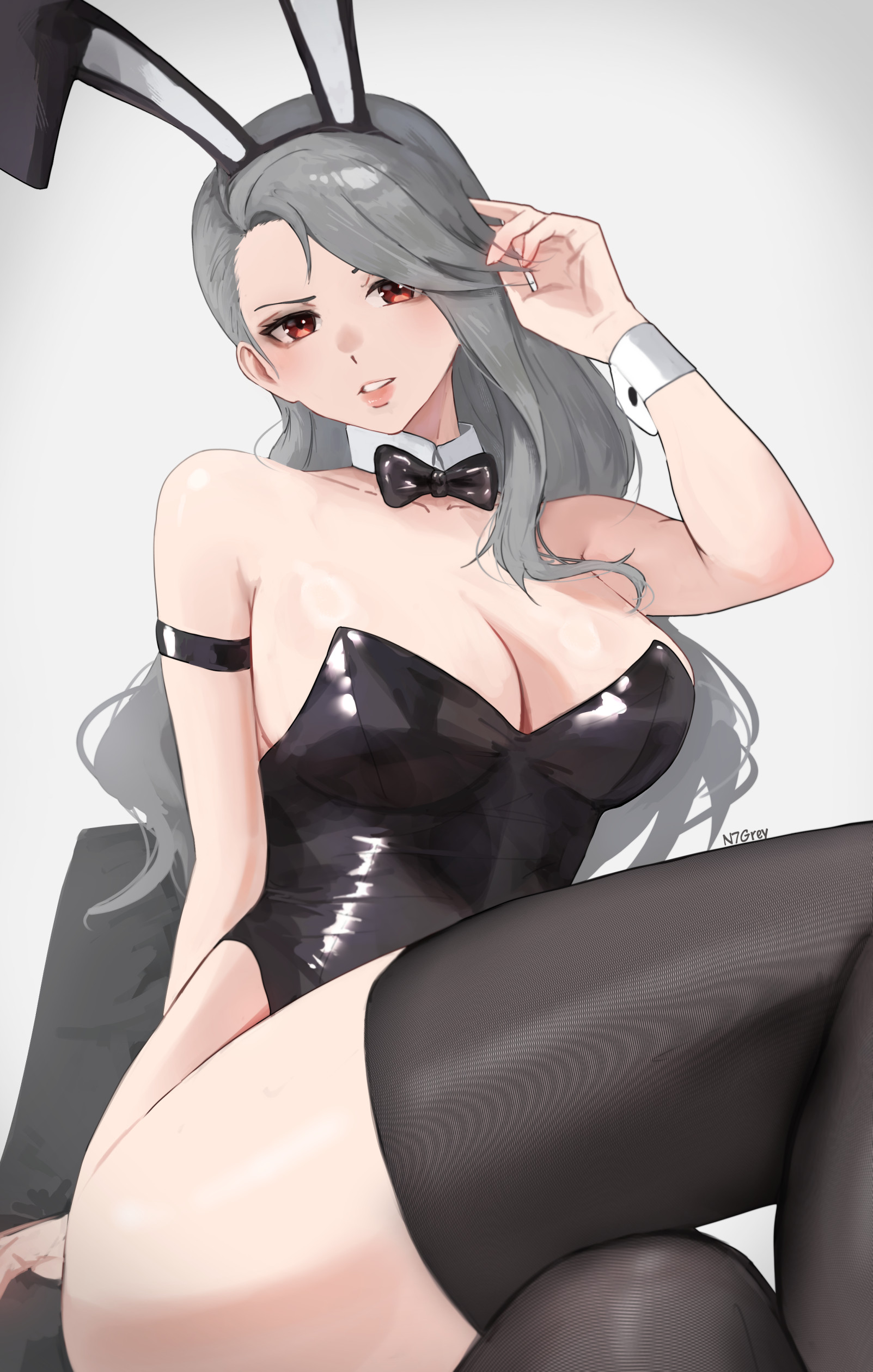 black thighhighs, brown eyes, bunny suit, costume, n7grey, persona, persona 5, sae niijima, sae nijema, silver hair, tagme, thighhighs