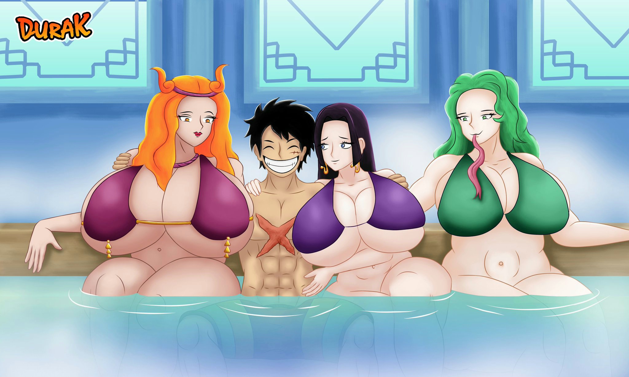 1boy, 3girls, big breasts, bikini, boa hancock, boa marigold, boa sandersonia, breasts, busty, curvy, curvy body, curvy female, curvy figure, durak, earrings, female, huge breasts, male, monkey d luffy, multicolored hair, muscular, muscular male, one piece, scar, scar on chest, smile, thick thighs