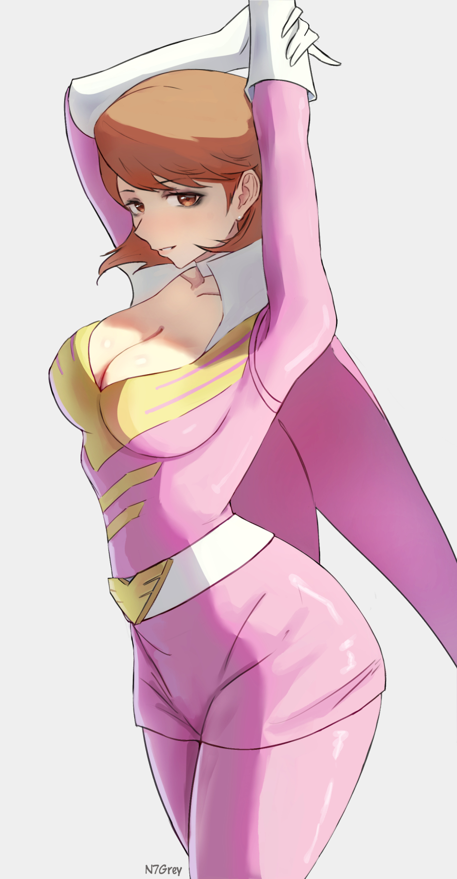 brown eyes, costume, featherman (persona), female, n7grey, persona, persona 3, pink argus, red hair, sunglasses on head, tagme, yukari takeba, yukari takeba (pink argus)