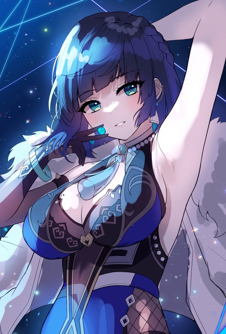 armpit, armpits, big breasts, blue hair, breasts, female, genshin impact, hayun art, huge breasts, mole, mole on breast, revealing clothes, solo, yelan (genshin impact)