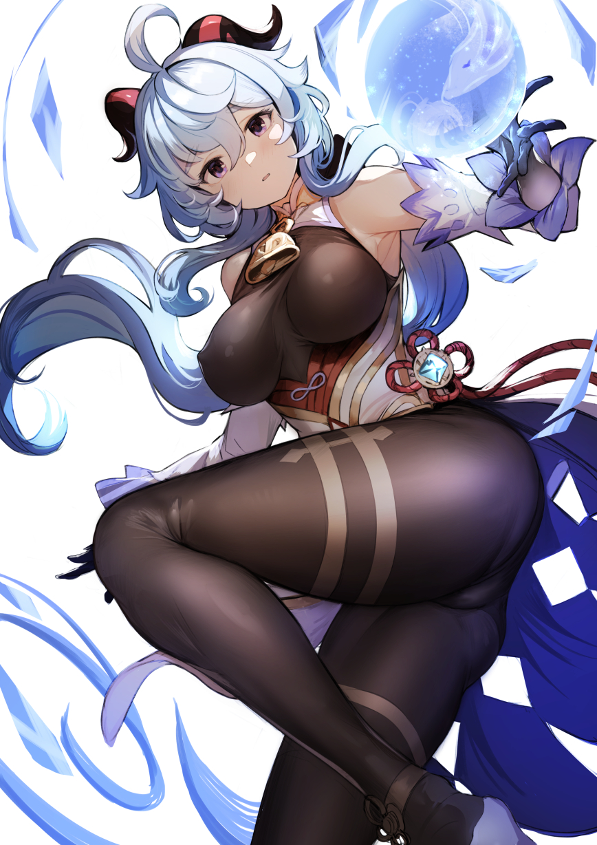 ass blue_hair clothed ganyu_(genshin_impact) genshin_impact koruse nipples_visible_through_clothing