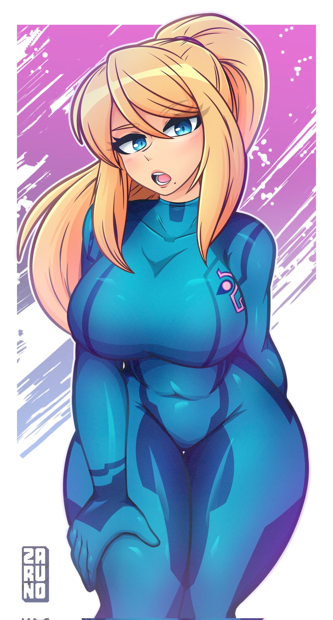 1girls, big breasts, blonde hair, blue eyes, bodysuit, breasts, female, female focus, female only, light skin, light-skinned female, long hair, metroid, mole, mole under mouth, nintendo, ponytail, samus aran, solo, solo female, tropzaruno, zaruno, zero suit, zero suit samus