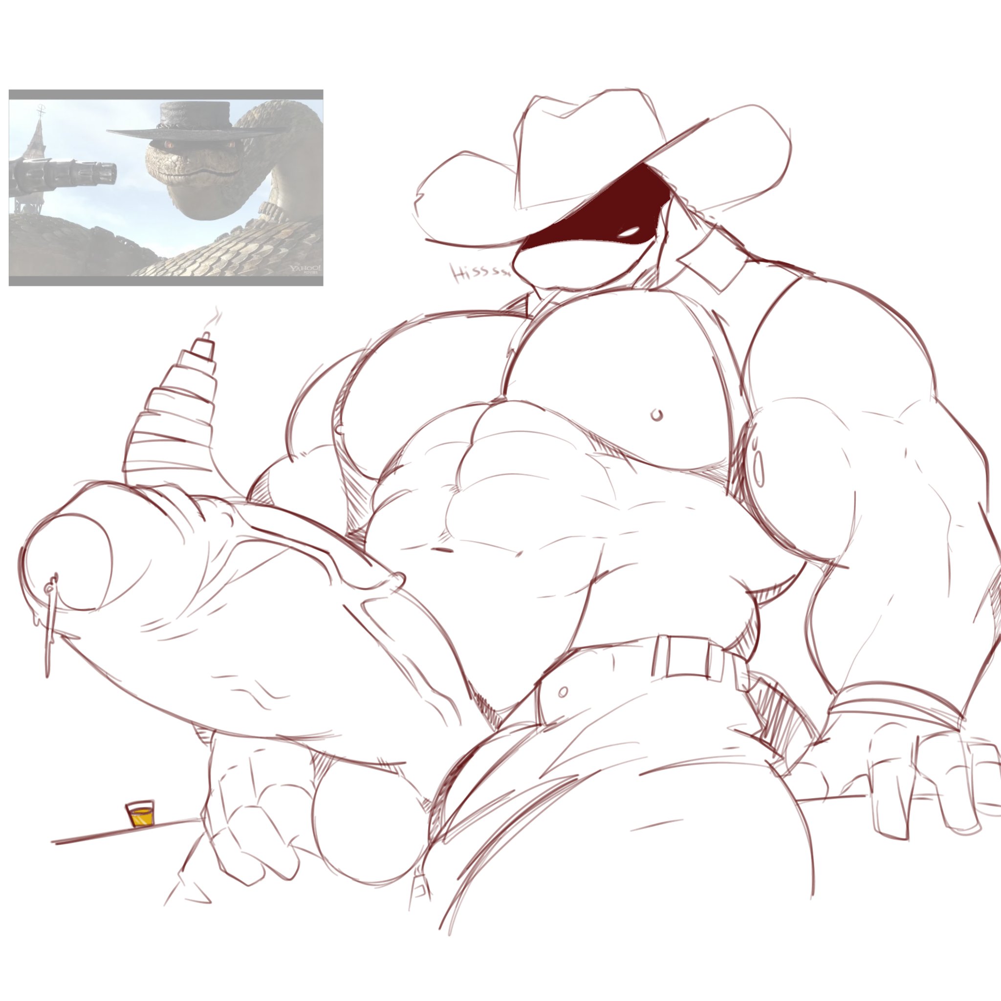 abbamusa410791, anthro, balls, bara, big balls, big muscles, big penis, boner, cowboy hat, erection, huge cock, hyper penis, male, male only, monochrome, muscles, muscular, penis, penis out, rango (film), rattlesnake jake, reference image, scalie, snake, solo, solo male, yaoi