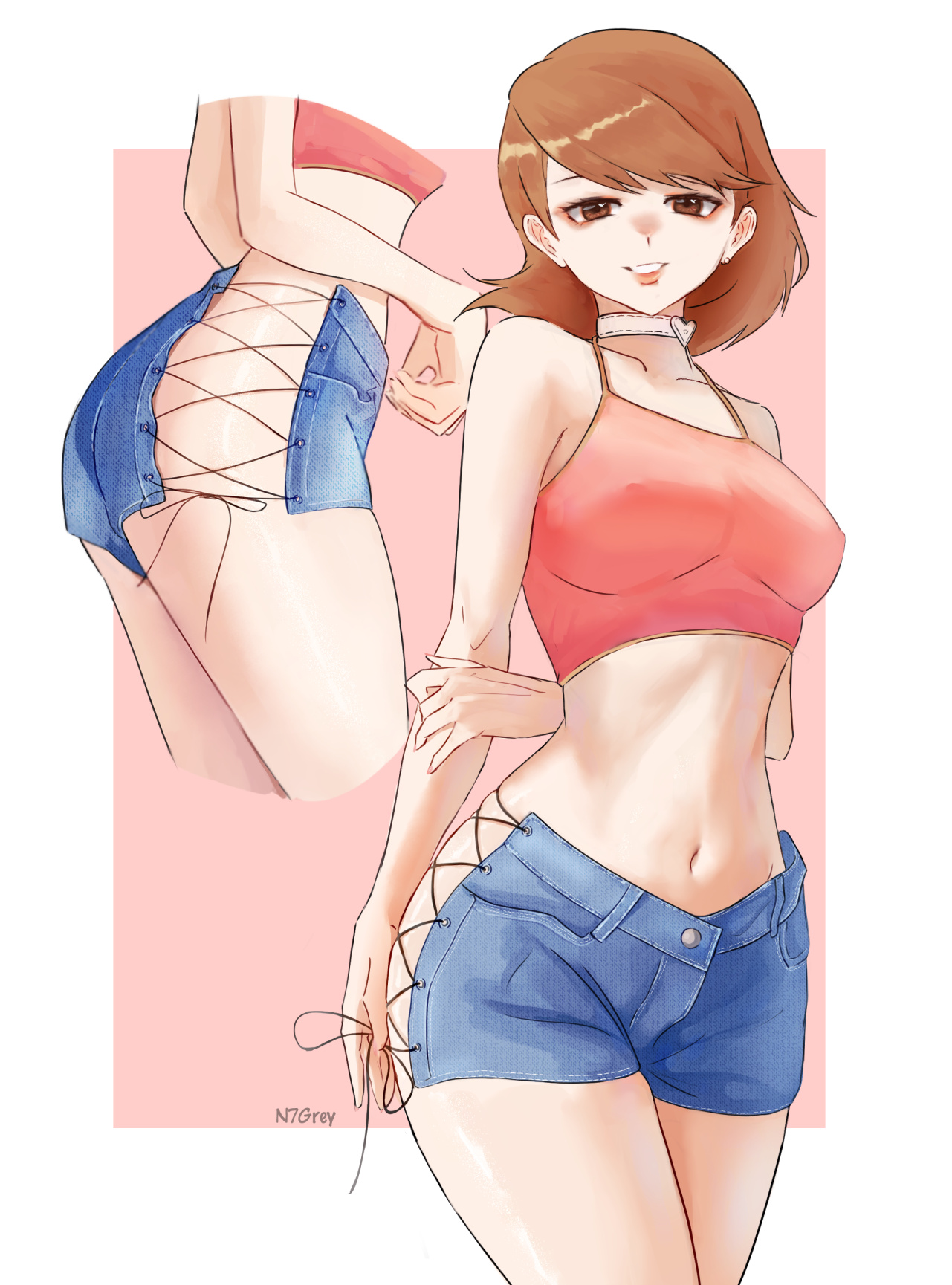 brown eyes, female, n7grey, persona, persona 3, red hair, shorts, sunglasses on head, yukari takeba