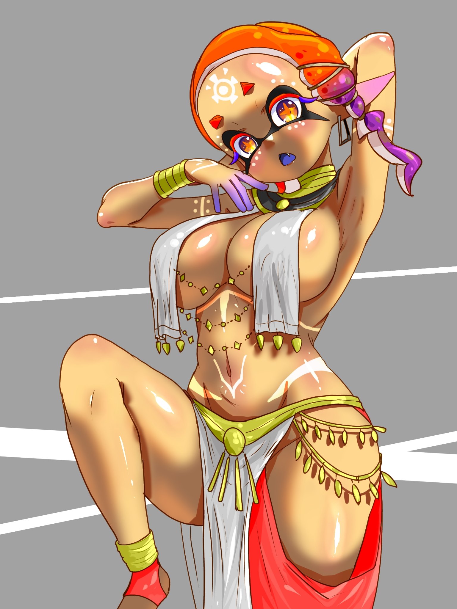 1girls, belly dancer, belly dancer outfit, breasts, cleavage, dancer outfit, female, frye (splatoon), frye (team afternoon), inkling, inkling girl, large breasts, looking at viewer, navel, nintendo, open mouth, pointy ears, purple tongue, solo, solo female, solo focus, splatfest, splatoon, splatoon (series), splatoon 3, t2ukmyjm, tentacle hair, thighs, tongue