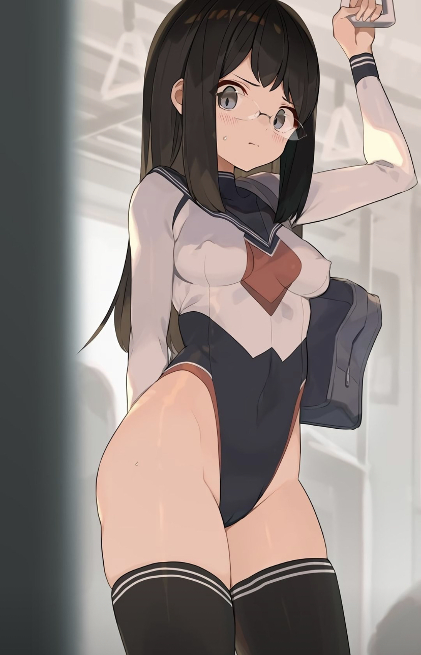 ass, black hair, female, glasses, green eyes, highleg leotard, highleg school uniform, looking at viewer, repost, school uniform, schoolgirl, spring2013, tagme, thighhighs, thighs, tight clothing, train interior