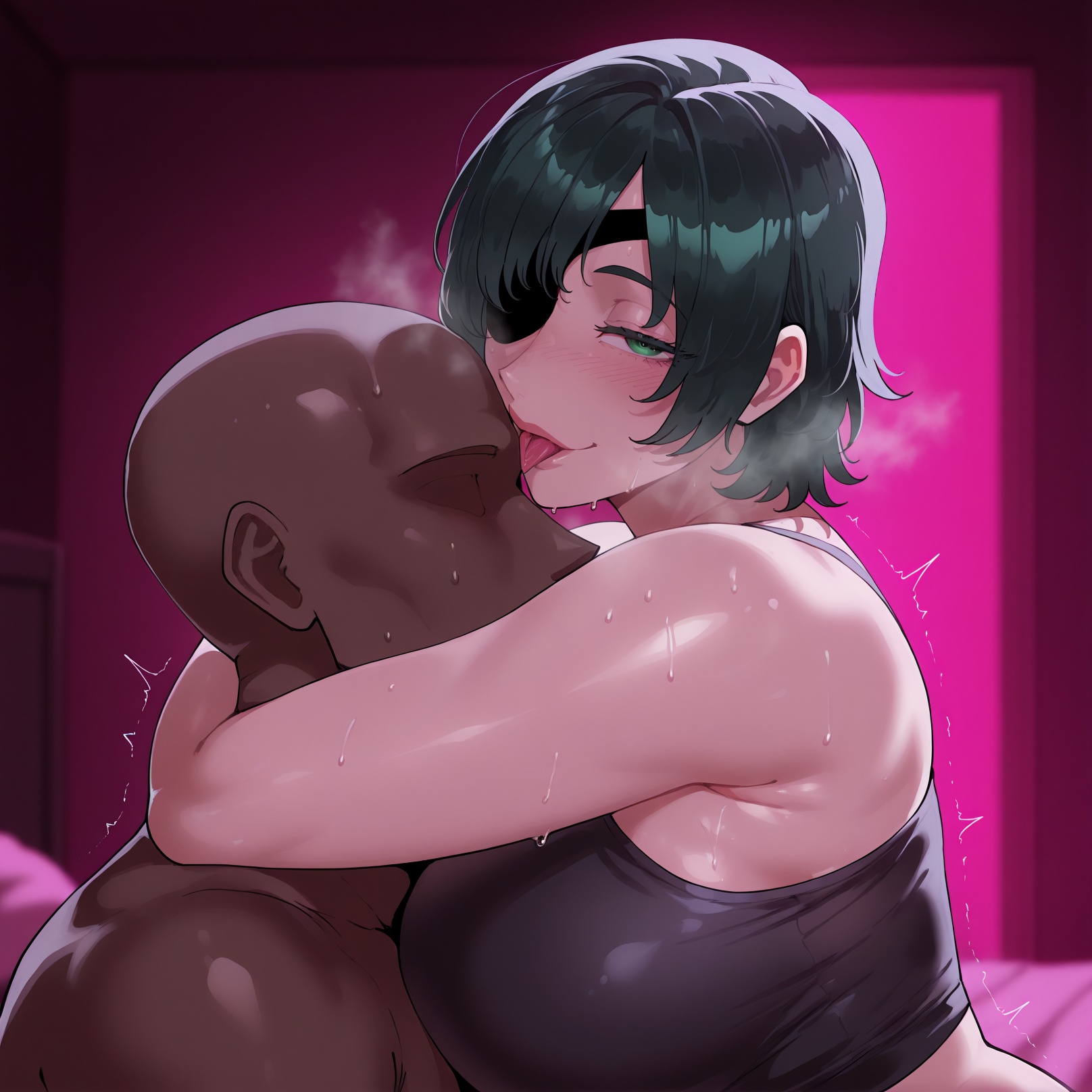 1boy, ai generated, bald, black hair, blush, breasts, chainsaw man, dark skin, dark-skinned male, eyepatch, female, green eyes, himeno (chainsaw man), hug, kissing, large breasts, looking at viewer, male, shinbar, short hair, straight, sweat, tongue, tongue out