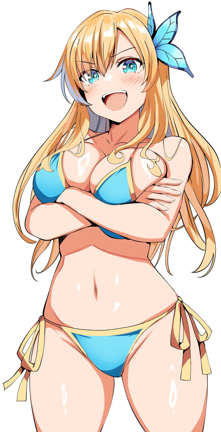 1girls, arms crossed, bare shoulders, belko, bikini, blonde hair, blue bikini, boku wa tomodachi ga sukunai, breasts, butterfly hair ornament, cleavage, female, female focus, female only, fingernails, hair between eyes, hair ornament, hi res, kashiwazaki sena, large breasts, long hair, looking at viewer, navel, open mouth, side-tie bikini bottom, simple background, solo, stomach, swimsuit, teeth, thick thighs, thighs, upper teeth, white background, wide hips