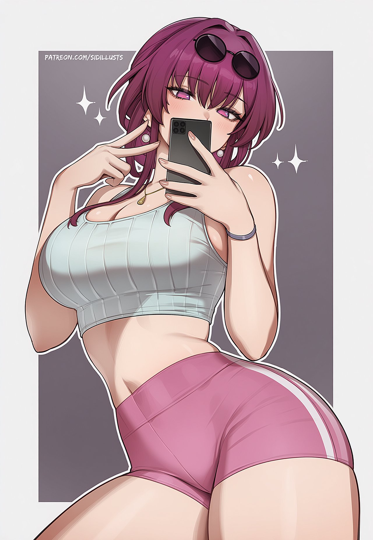 1girls, ai generated, athletic female, big breasts, breasts, female, fit female, kafka (honkai: star rail), mirror selfie, shorts, sidillusts, solo, solo female