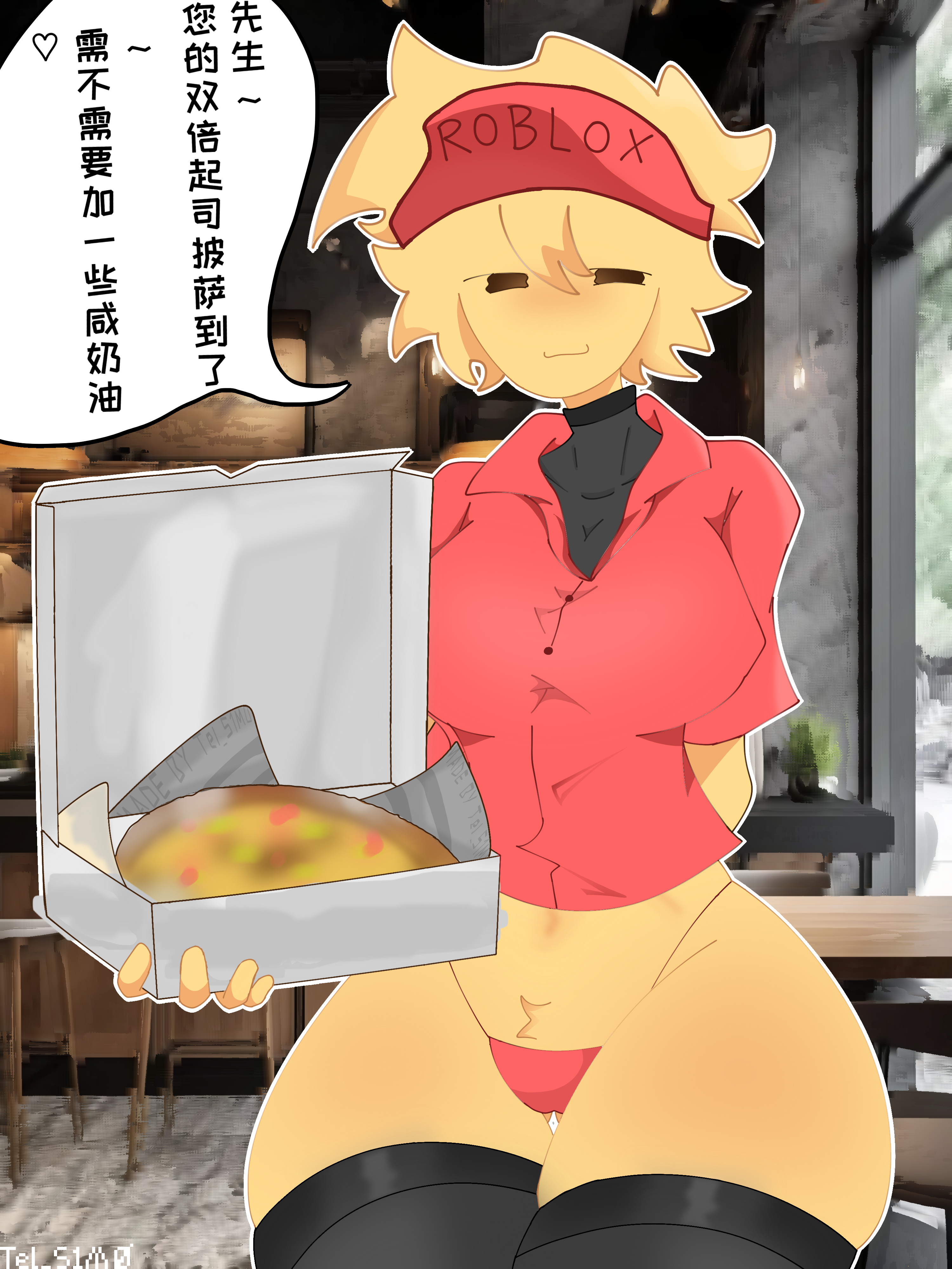 1girls, arm behind back, artist name, ass visible through thighs, black eyes, black shirt, black thighhighs, bottomless, breasts, button down shirt, clothed, clothed female, clothing, collared shirt, elliot (forsaken), elliot (work at a pizza place), female, female only, forsaken (roblox), half-closed eyes, holding object, looking at viewer, medium breasts, no pants, panties, pizza, pizza box, red panties, red shirt, roblox, roblox game, robloxian, rule 63, self upload, short hair, short sleeves, smile, speech bubble, standing, t-shirt, tel s1m0, thick thighs, thighhighs, thighs, translation request, undershirt, uniform, visor cap, yellow hair, yellow skin