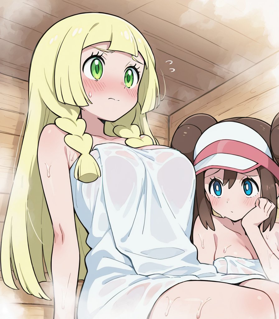2girls, ai generated, big breasts, blonde hair, blue eyes, breasts, brown hair, female, female only, green eyes, lillie (pokemon), naked towel, pokemon, pokemon bw, pokemon sm, rosa (pokemon), sauna, sweat