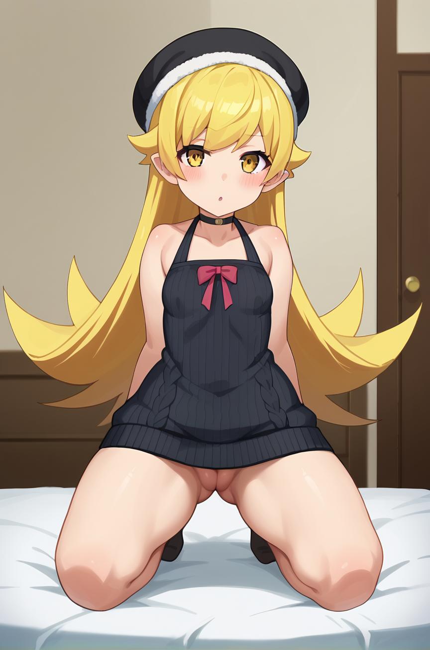 ai generated, bangs, bare shoulders, blonde hair, blush, breasts, choker, dress, eyebrows visible through hair, female, hat, indoors, kneeling, long hair, no panties, oshino shinobu, pointy ears, pussy, sleeveless, small breasts, solo, yellow eyes