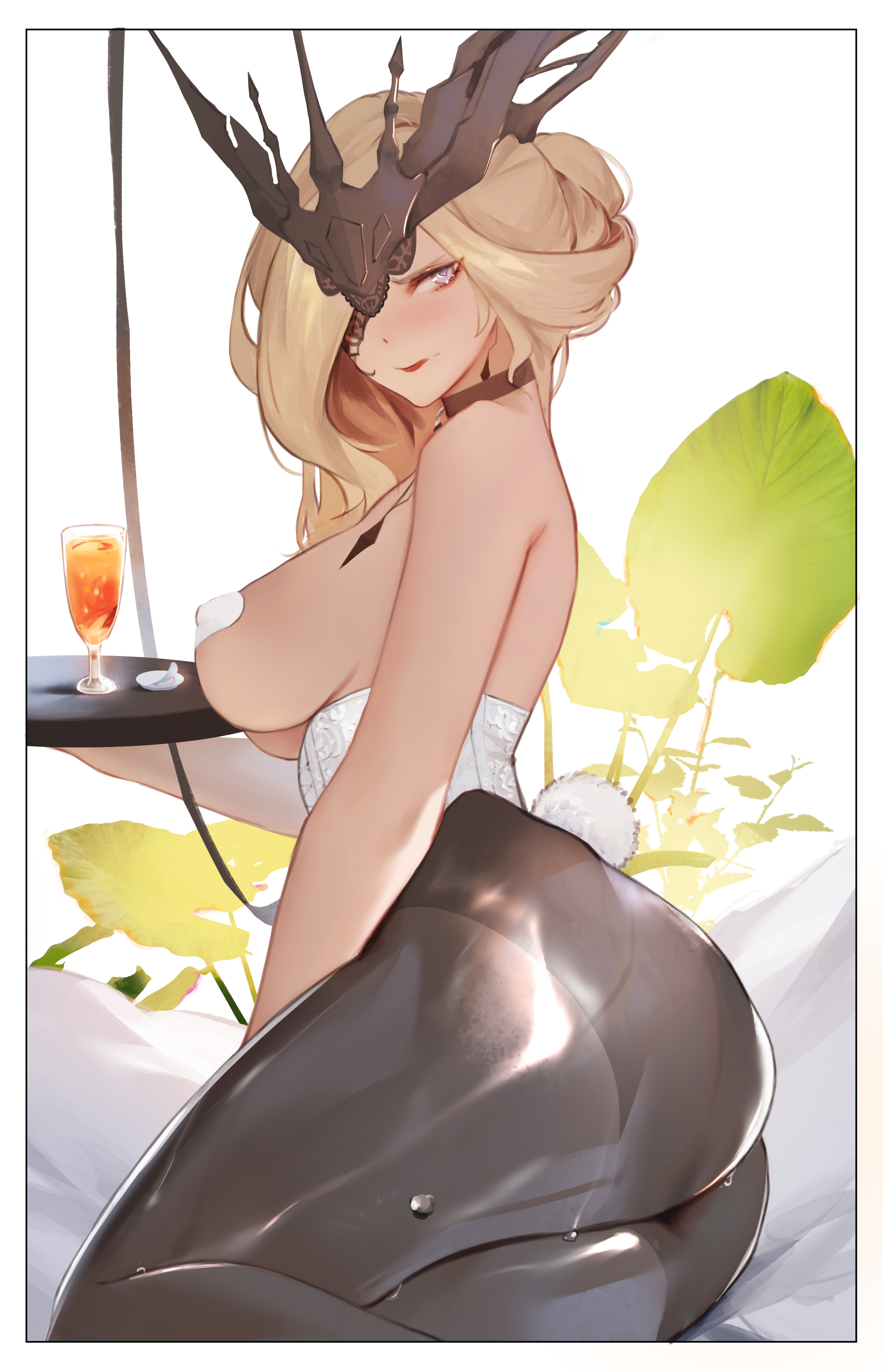1boy, 1girls, aether (genshin impact), ass, bare shoulders, blonde hair, breasts, bunnysuit, collar, female, genshin impact, hair over one eye, hu dako, light skin, light-skinned female, looking at viewer, looking back, male, one eye covered, signora (genshin impact), tagme, wet, wine
