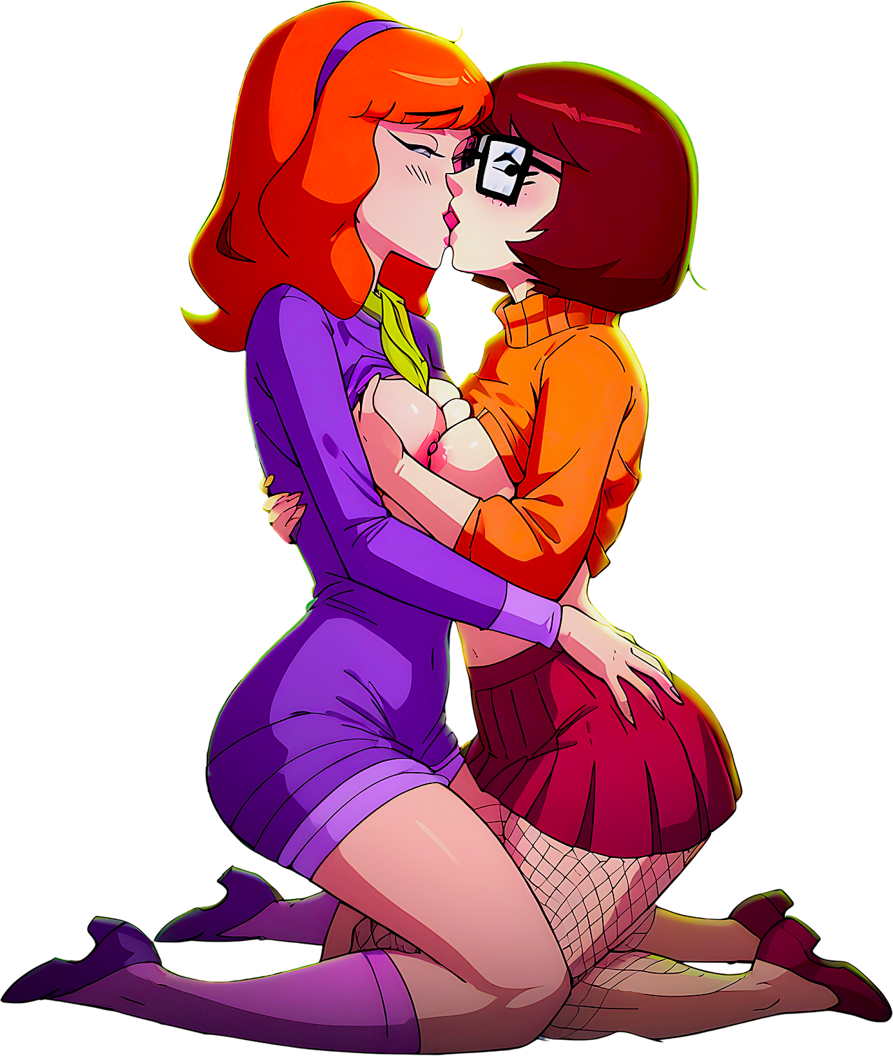 accurate art style, ai generated, breasts, breasts out, daphne blake, derpixon, dress, erect nipples, female, fishnets, glasses, lesbian couple, lesbian kiss, miniskirt, nipples, no bra, scooby-doo, velma dinkley