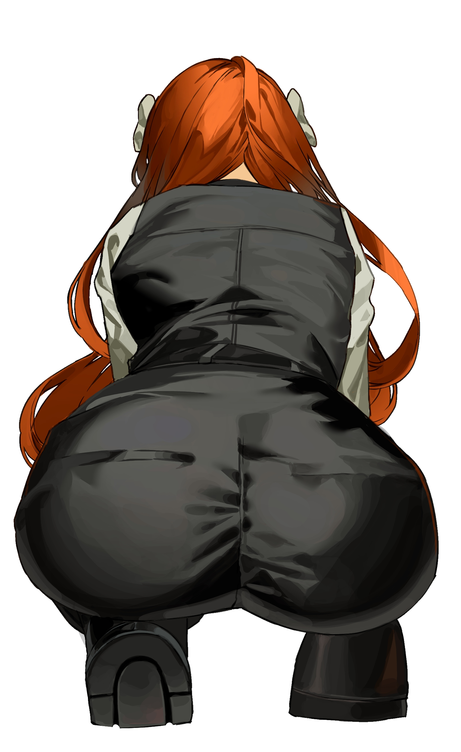 absurdres, ass, ass focus, black pants, black shoes, black vest, bow, female, from behind, hairbow, highres, ishmael (limbus company), ishmael (project moon), limbus company, long hair, long sleeves, orange hair, pants, project moon, shirt, shoes, simple background, solo, squatting, very long hair, vest, white background, white bow, white shirt, yongsadragon