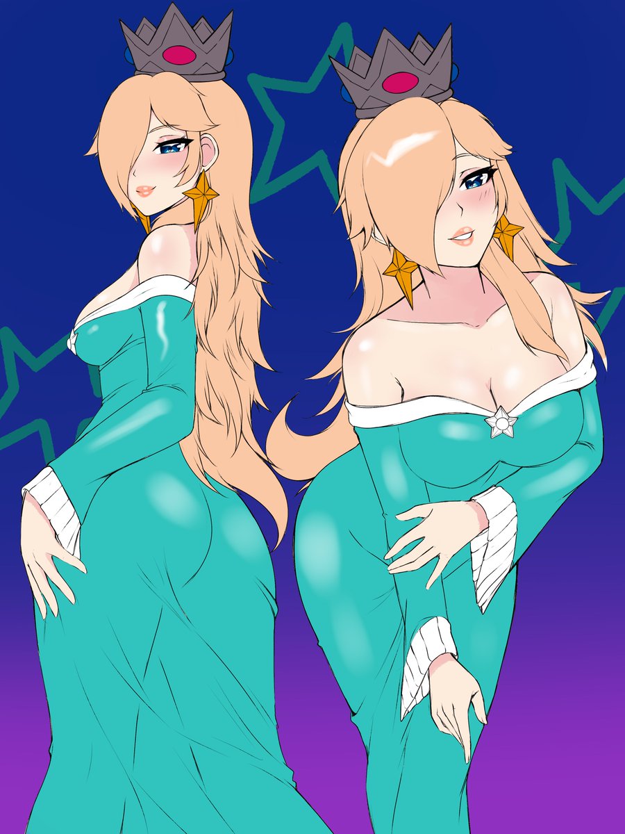 1girls, artist request, ass, bare shoulders, big ass, big breasts, big butt, blue eyes, breasts, brooch, cleavage, crown, curvy, dress, earrings, female, hair over one eye, lips, long hair, long sleeves, mario (series), multiple images, nintendo, platinum blonde hair, princess rosalina, solo, solo female, star earrings, tagme, tight clothing, tight dress, tight fit, wide hips