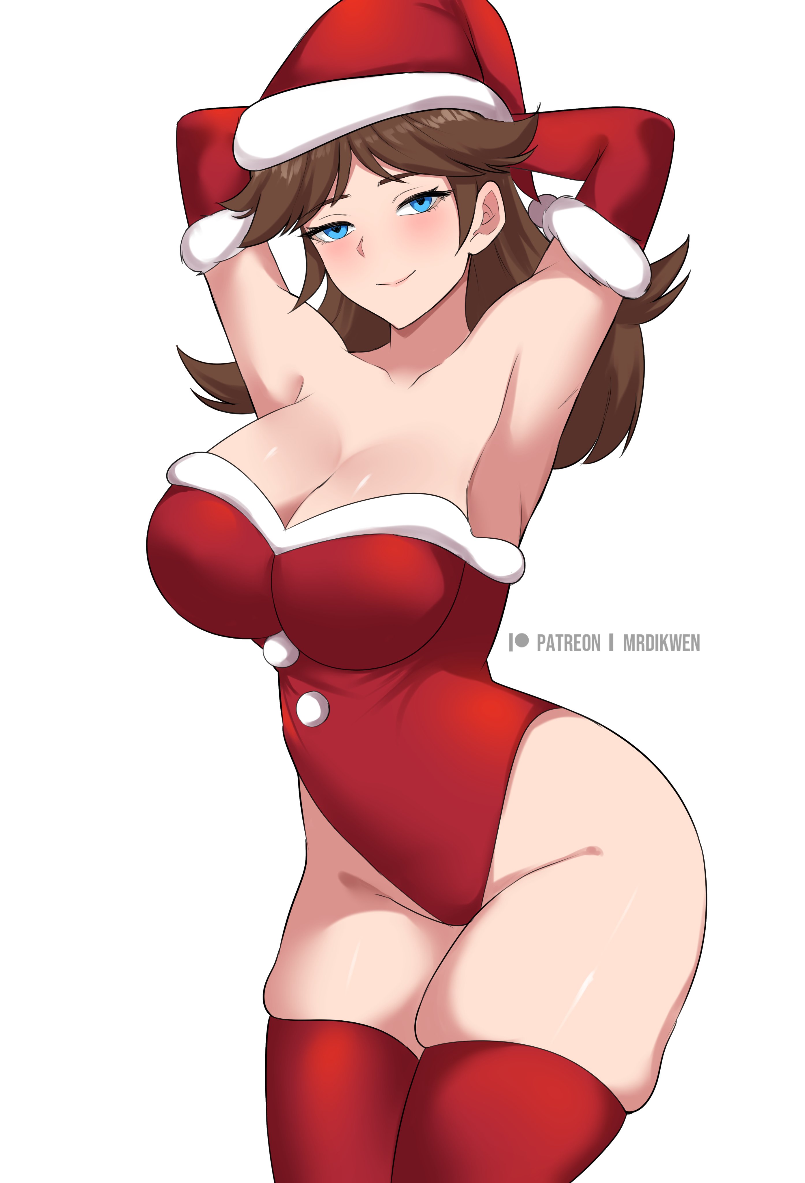 1girls, breasts, christmas, female, female focus, female only, large breasts, light skin, light-skinned female, mario (series), mrdikwen, princess daisy, solo, thick thighs, thighhighs, thighs, white background, wide hips