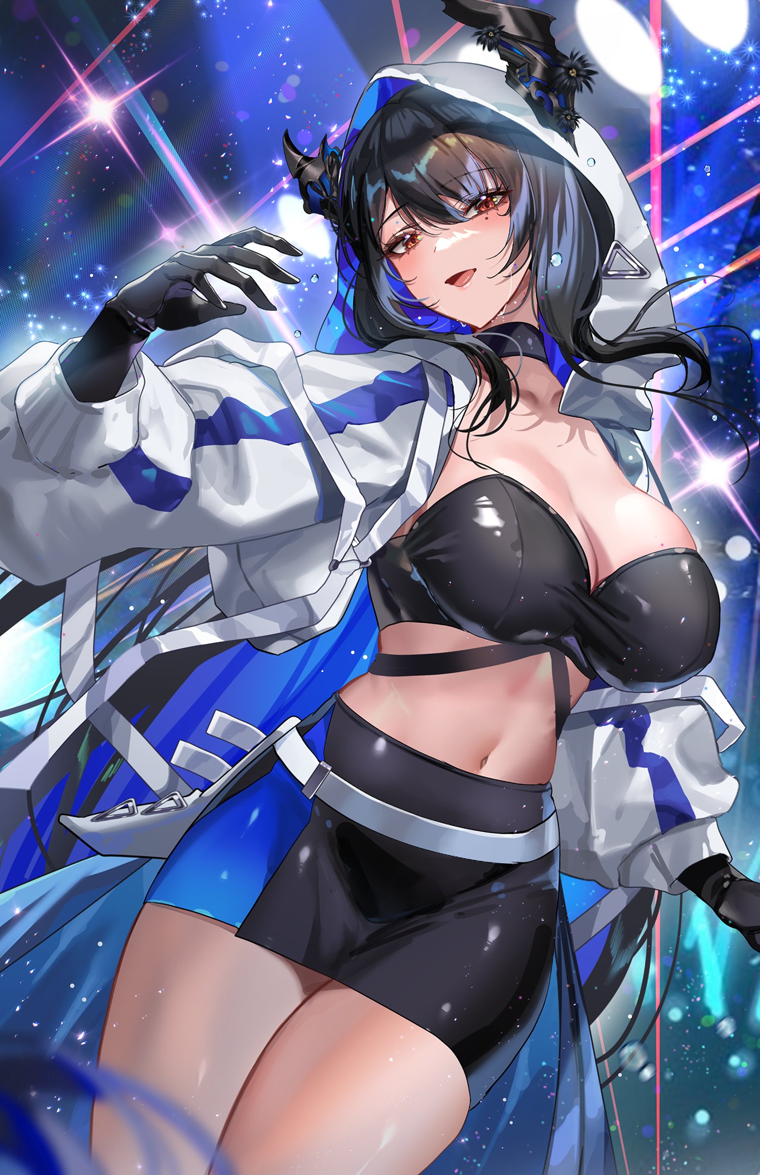 1girls, big breasts, black hair, blue hair, breasts, cleavage, crop top, female, hanh chu, hololive, hololive english, hololive english -advent-, hoodie, horn, jacket, long hair, looking at viewer, nerissa ravencroft, red eyes, shiny clothes, skirt, smile, solo, thighs, virtual youtuber