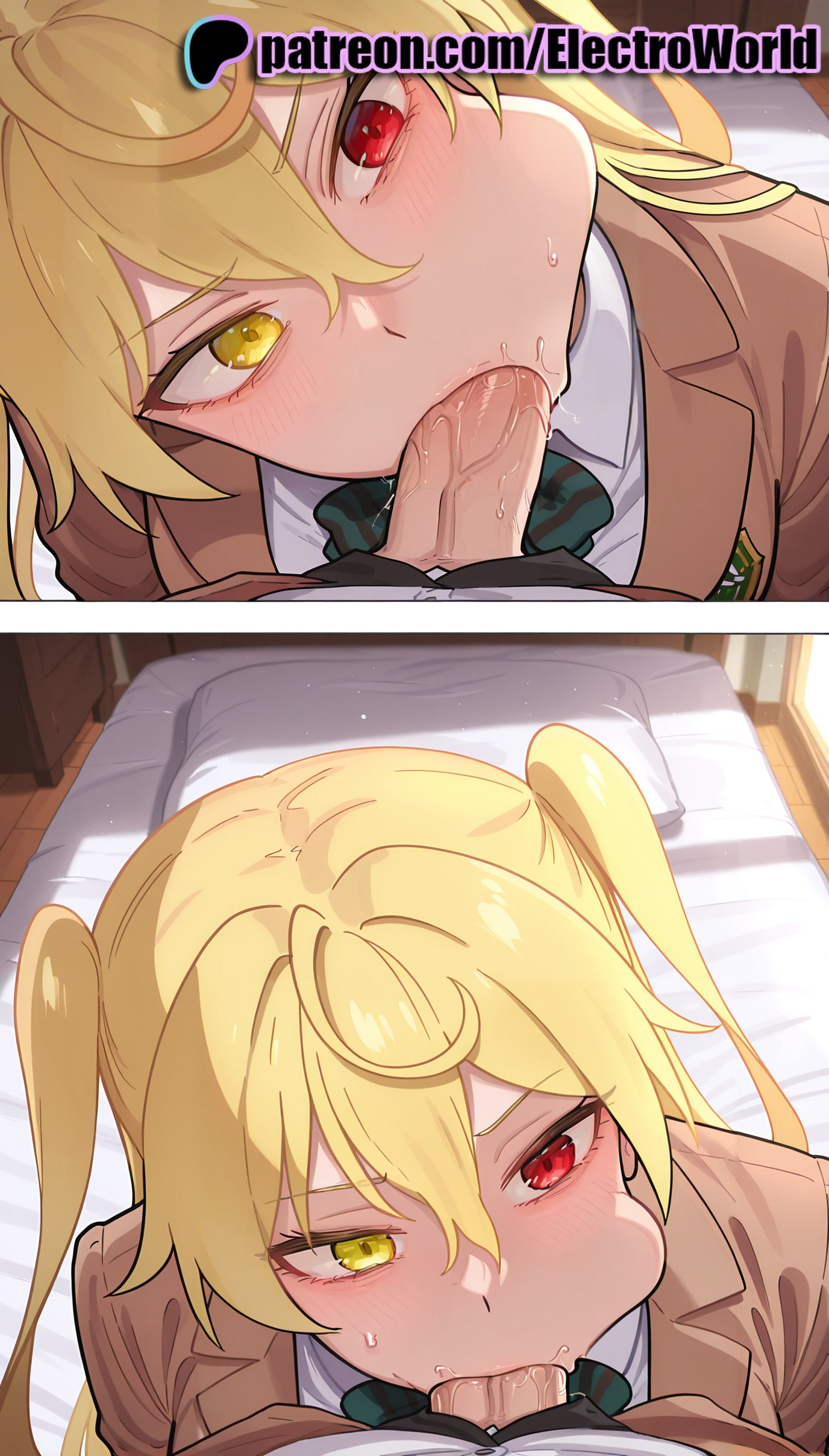 :>=, 1girls, 2025, 2girls, ai generated, artist name, balls, balls sucking, blonde hair, blowjob, blowjob face, blush, brown jacket, cheek bulge, cock, deepthroat, desk, dick, electroworld, eyebrows visible through hair, fellatio, female, green bow, green necktie, green neckwear, green ribbons, hair between eyes, heterochromia, hi res, high quality, high resolution, highres, irrumatio, jacket, licking, long hair, male, maou 2099, mole under eye, multiple fellatio, multiple females, multiple girls, oral, oral sex, patreon, patreon username, penis, pleated skirt, pov, red eyes, school uniform, stable diffusion, straight, sucking, under the table, watermark, yamada-reynard hizuki, yellow eyes