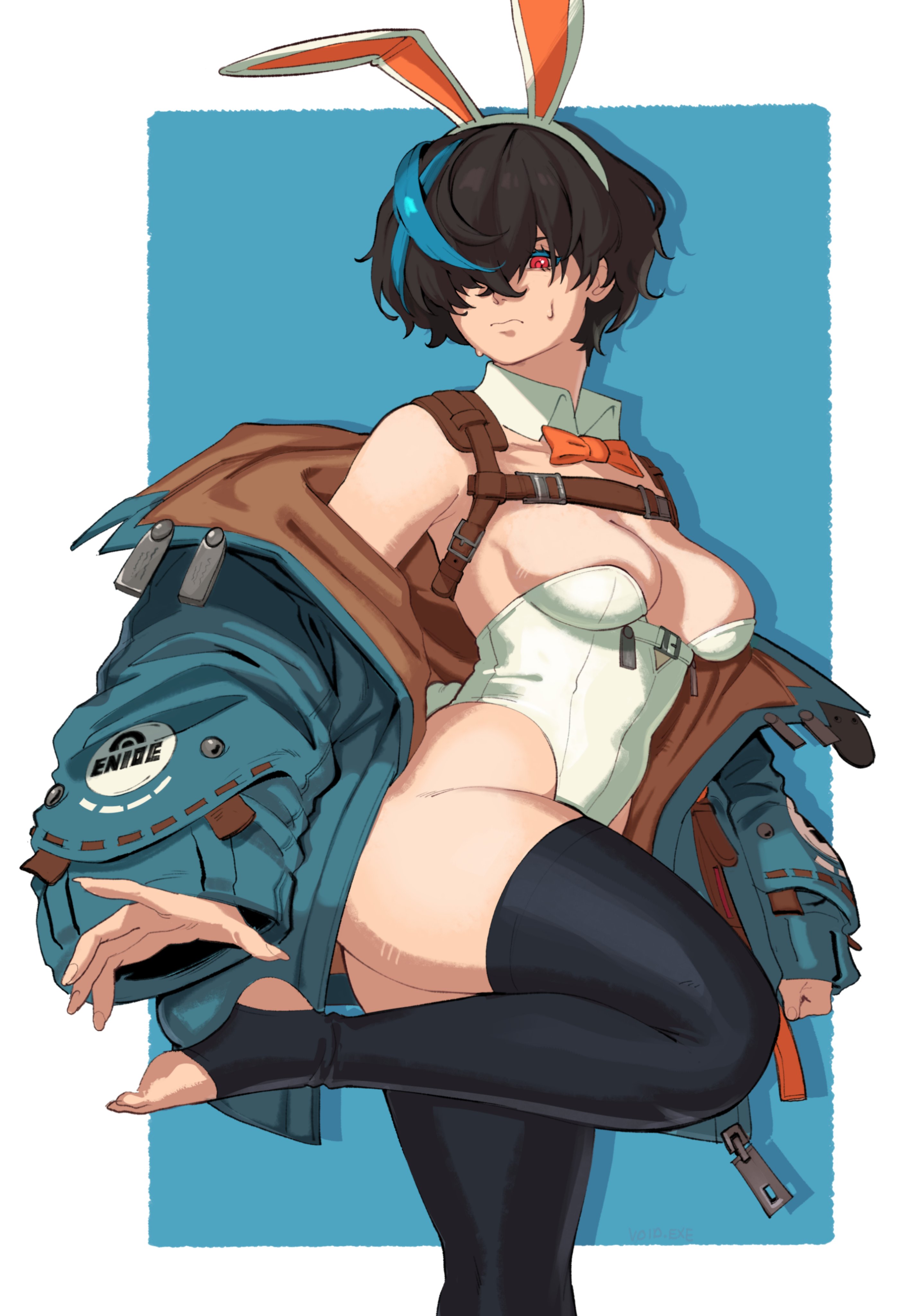 ass, breasts, bunny girl, bunnysuit, female, guilty gear, guilty gear strive, jacket, nervous, nervous sweat, short hair, small breasts, stirrup legwear, stirrup socks, thick ass, thick thighs, tomboy, unika (guilty gear), void dot exe