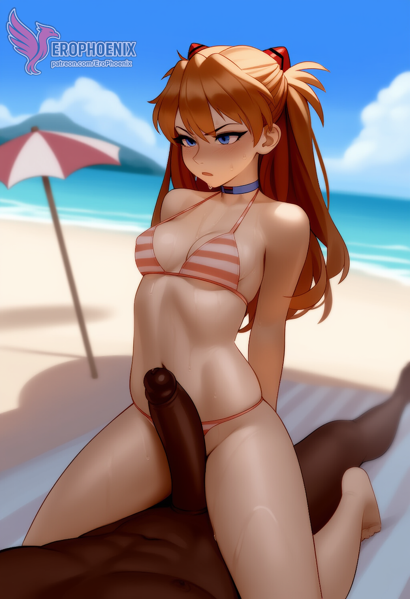 1girls, 2d, ai generated, areolae, ass, asuka langley sohryu, back, bare shoulders, beach, big ass, bikini, bikini pull, bikini top, blue eyes, breasts, dark skin, dark-skinned male, day, erophoenix, female, female focus, frown, full body, interracial, large penis, light skin, light-skinned female, long hair, looking at viewer, male, neon genesis evangelion, ocean, orange hair, outdoors, pale skin, pale-skinned female, patreon username, penis, red bikini, sky, small breasts, solo, straight, swimsuit, thick, thick thighs, uncensored