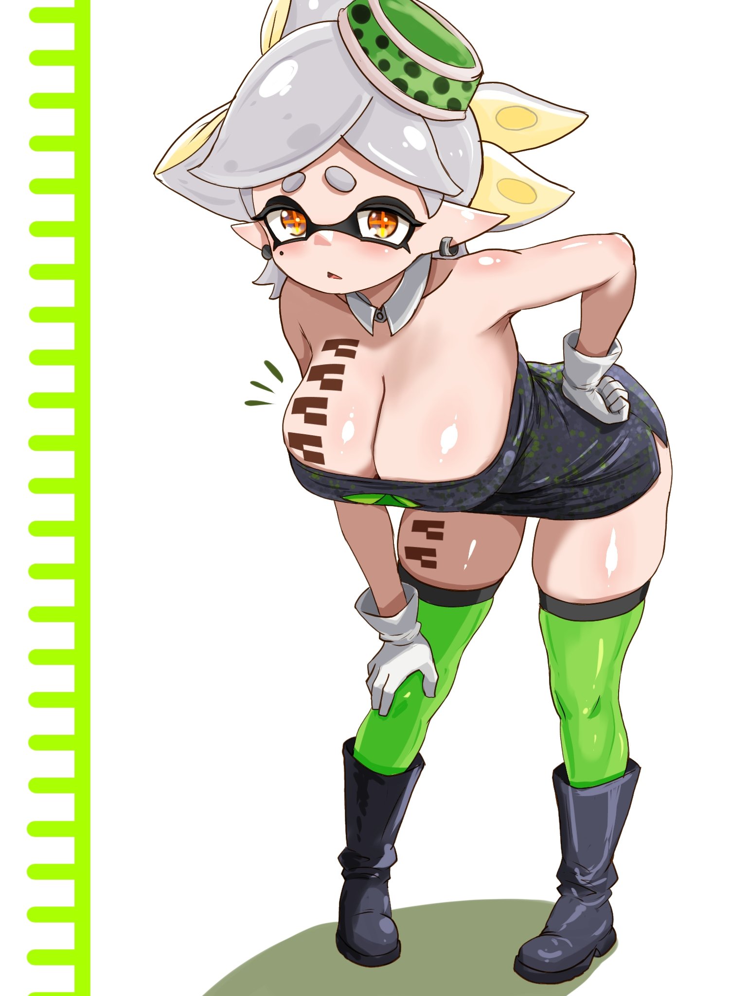 1girls, alternate breast size, big breasts, breasts, cleavage, earrings, female, female only, inkling, leaning forward, light skin, light-skinned female, looking at viewer, marie (splatoon), nintendo, orange eyes, short hair, short skirt, solo, splatoon, splatoon (series), standing, t2ukmyjm, tentacle hair, thighhighs, white hair, yellow eyes