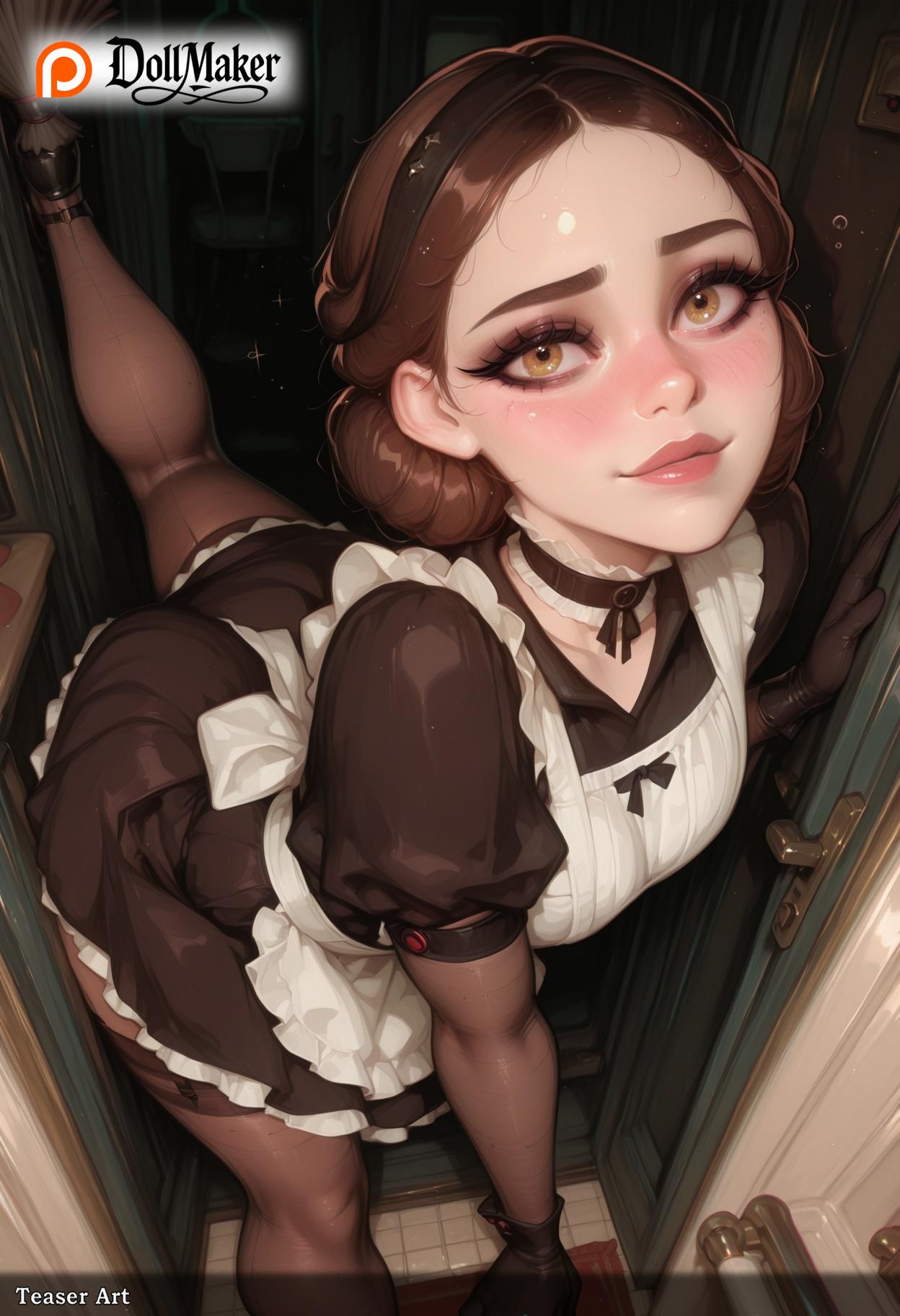 2d, ai generated, apron, blush, breasts, brown eyes, brown hair, brown legwear, choker, disney, dollmaker, dollmaker (artist), dress, female, flexible, gloves, hair bun, lips, looking at viewer, maid, maid apron, maid headdress, padme amidala, pantyhose, patreon logo, patreon username, smile, solo, star wars, tagme, waist apron, watermark, white apron