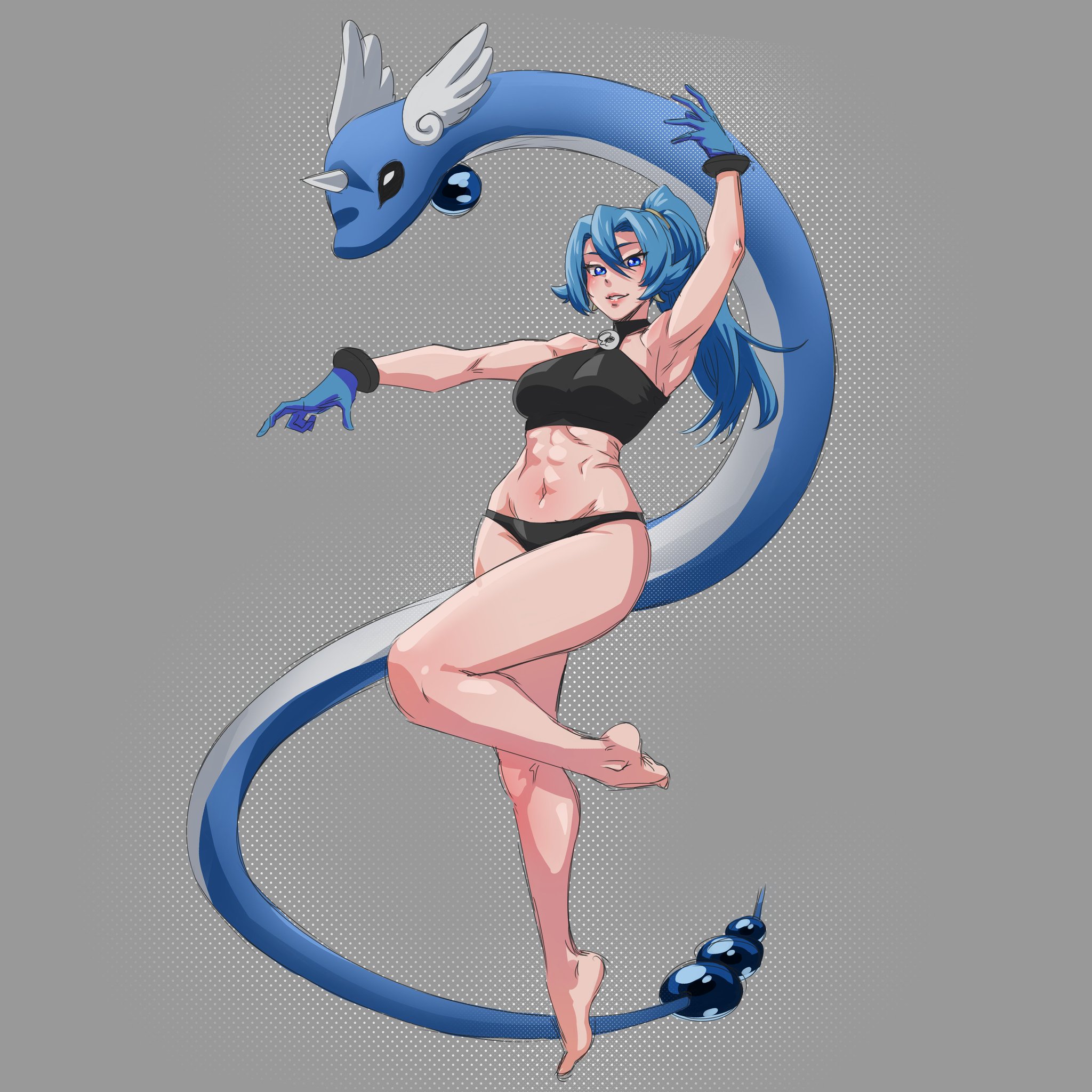 armpits, blue eyes, blue gloves, blue hair, bra, breasts, clair (pokemon), dragonair, female, fit, fit female, gloves, gym leader, light skin, light-skinned female, lips, lipstick, looking at viewer, pink lips, pink lipstick, pokemon, pokemon (species), pokemon gsc, ponytail, smiling, smiling at viewer, thighs, wandermantis