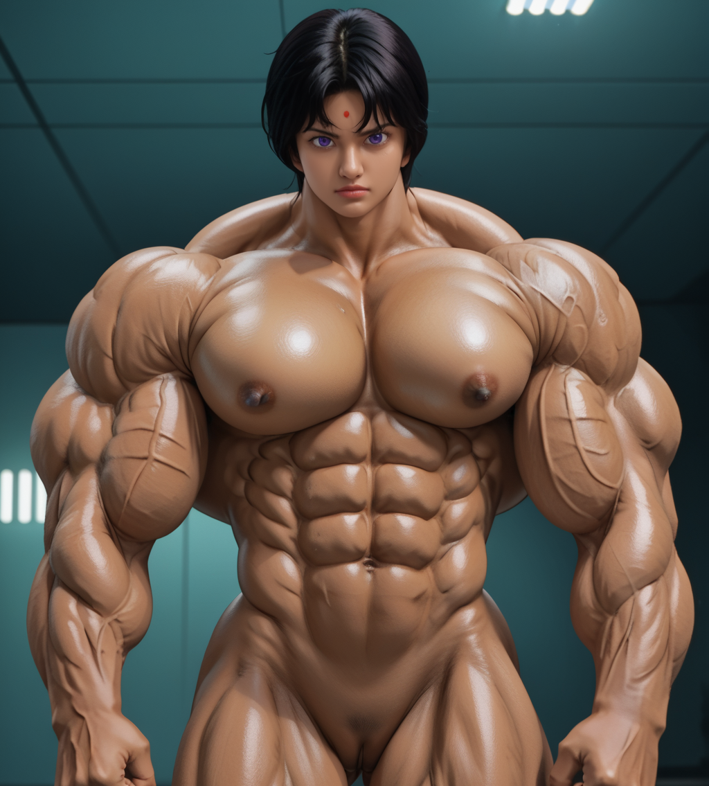 3d ai_generated big_muscles completely_naked dark_skinned_female dirty_pair extreme_muscles muscular_female sandra_guts