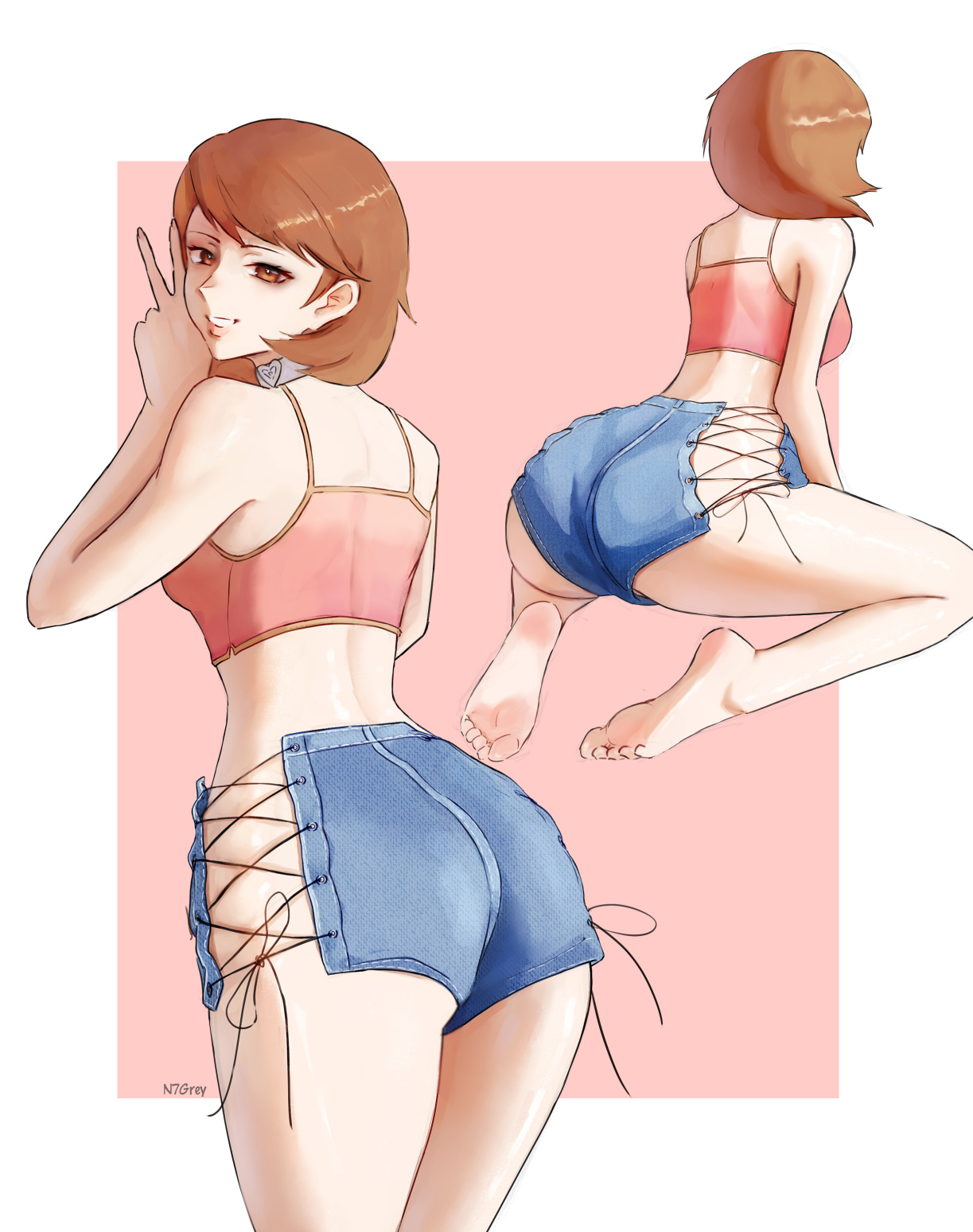 brown eyes, female, n7grey, persona, persona 3, red hair, shorts, sunglasses on head, yukari takeba