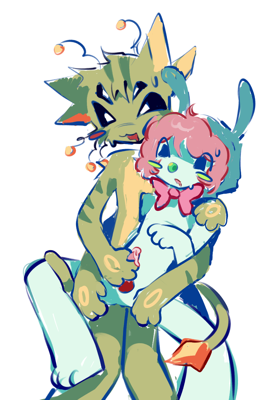 alien, ambiguous gender, antennae (anatomy), black sclera, blush, bowtie, cat humanoid, caterpillar, clown nose, cum drip, exposed penis, furry, furry cat, gnarpy (regretevator), green body, handjob, holding partner, ksbanan, naked, no balls, nonbinary, penis, pilby (regretevator), pink hair, regretevator, simple background, stroking penis, tagme, tail, touching penis, white body