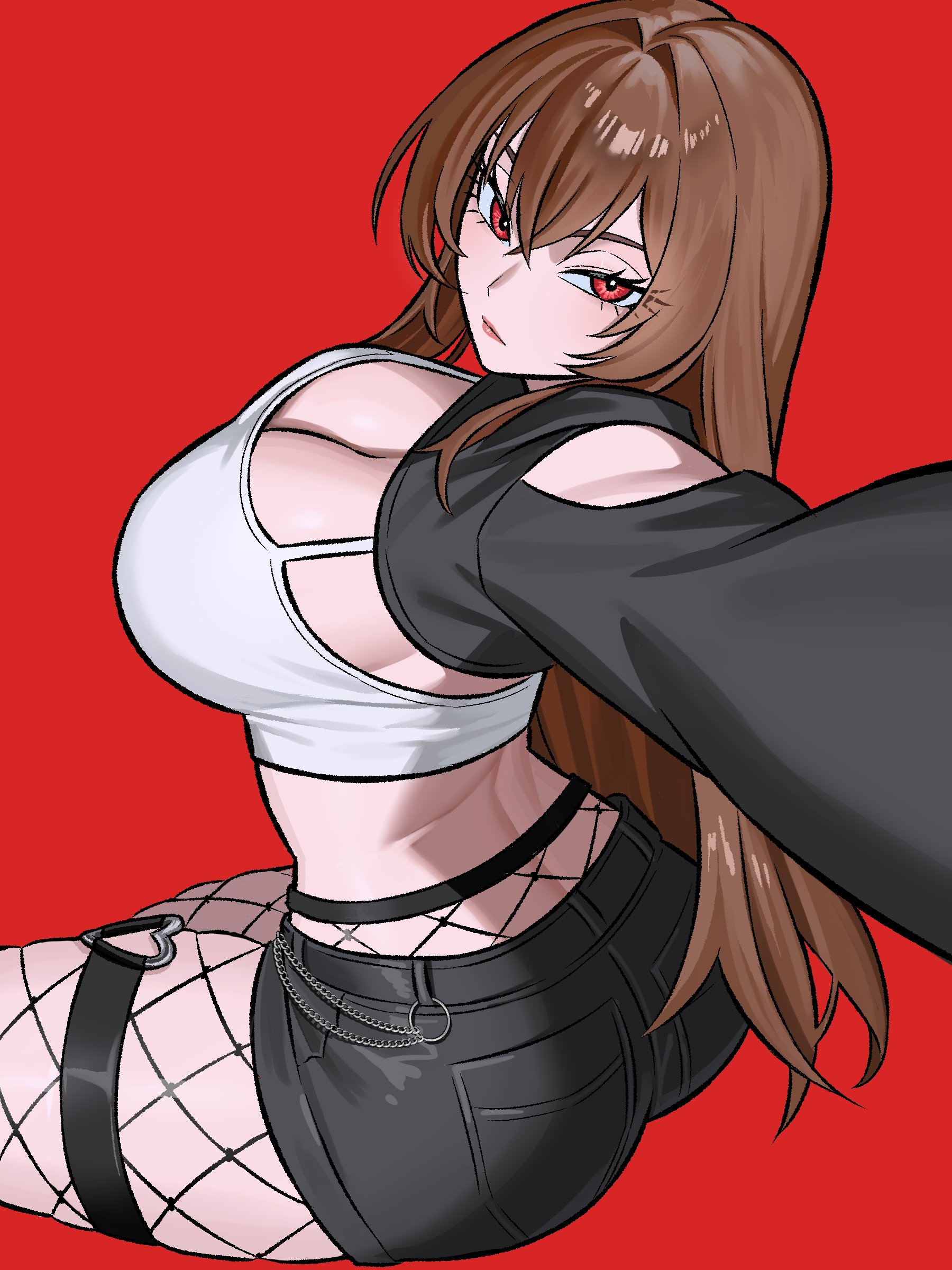 1girls, absurdres, ass, belt, black shorts, black sweater, breasts, brown hair, buckle, crop top, curvy, female, female only, fishnets, from above, heart, heart-shaped buckle, highres, large breasts, long hair, original, red background, red eyes, selfie, shirt, shorts, sideboob, sweater, thick thighs, thigh belt, thigh strap, thighs, zeon (zzeeonn)