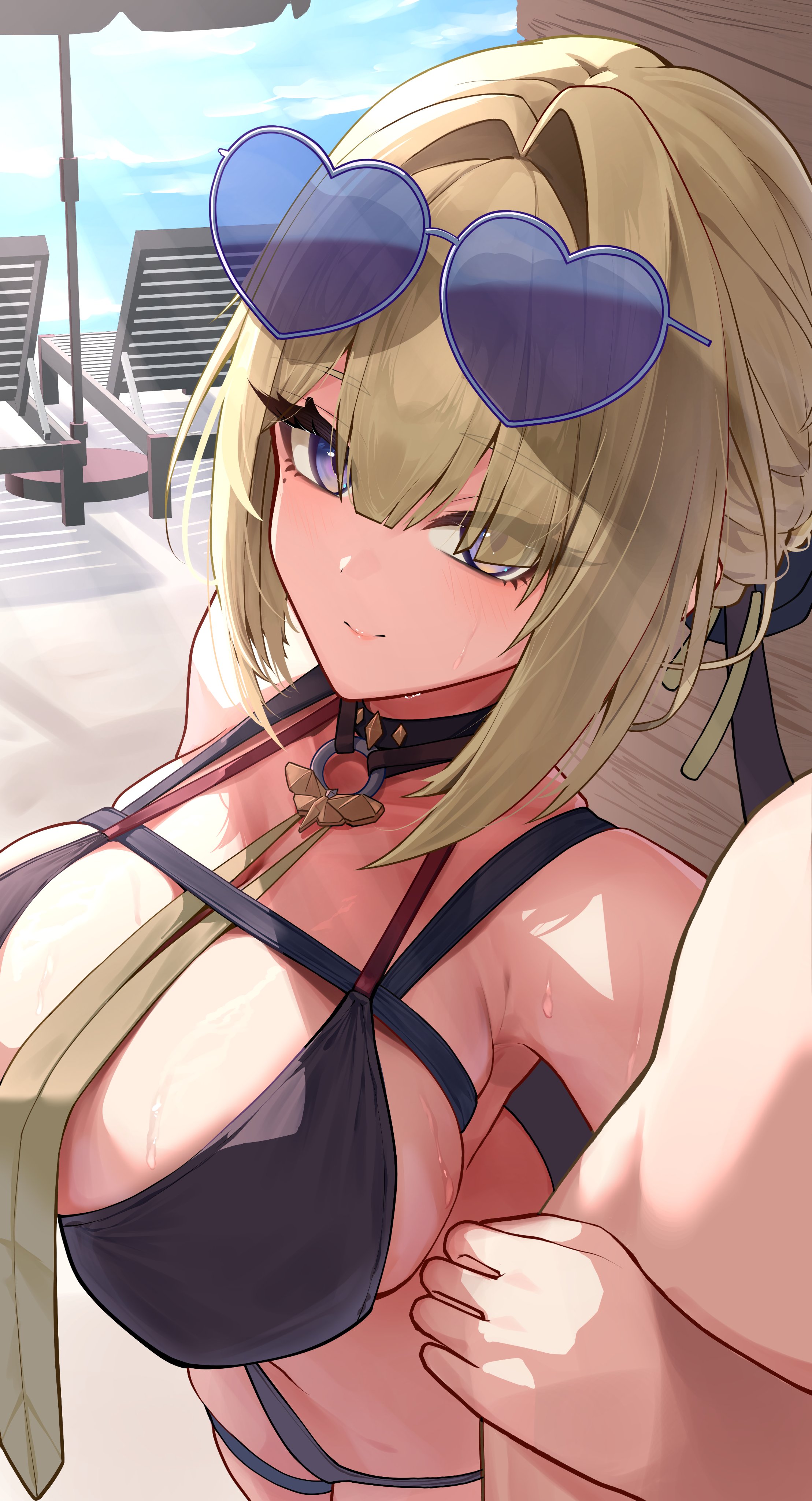 1boy, 1girls, absurdres, bikini, black bikini, blonde hair, blue-tinted eyewear, breasts, evelyn chevalier, eyewear on head, female, heart, heart-shaped eyewear, highres, large breasts, male, mole, mole under eye, o-ring, pool, purple eyes, shumai il, swimsuit, tinted eyewear, zenless zone zero